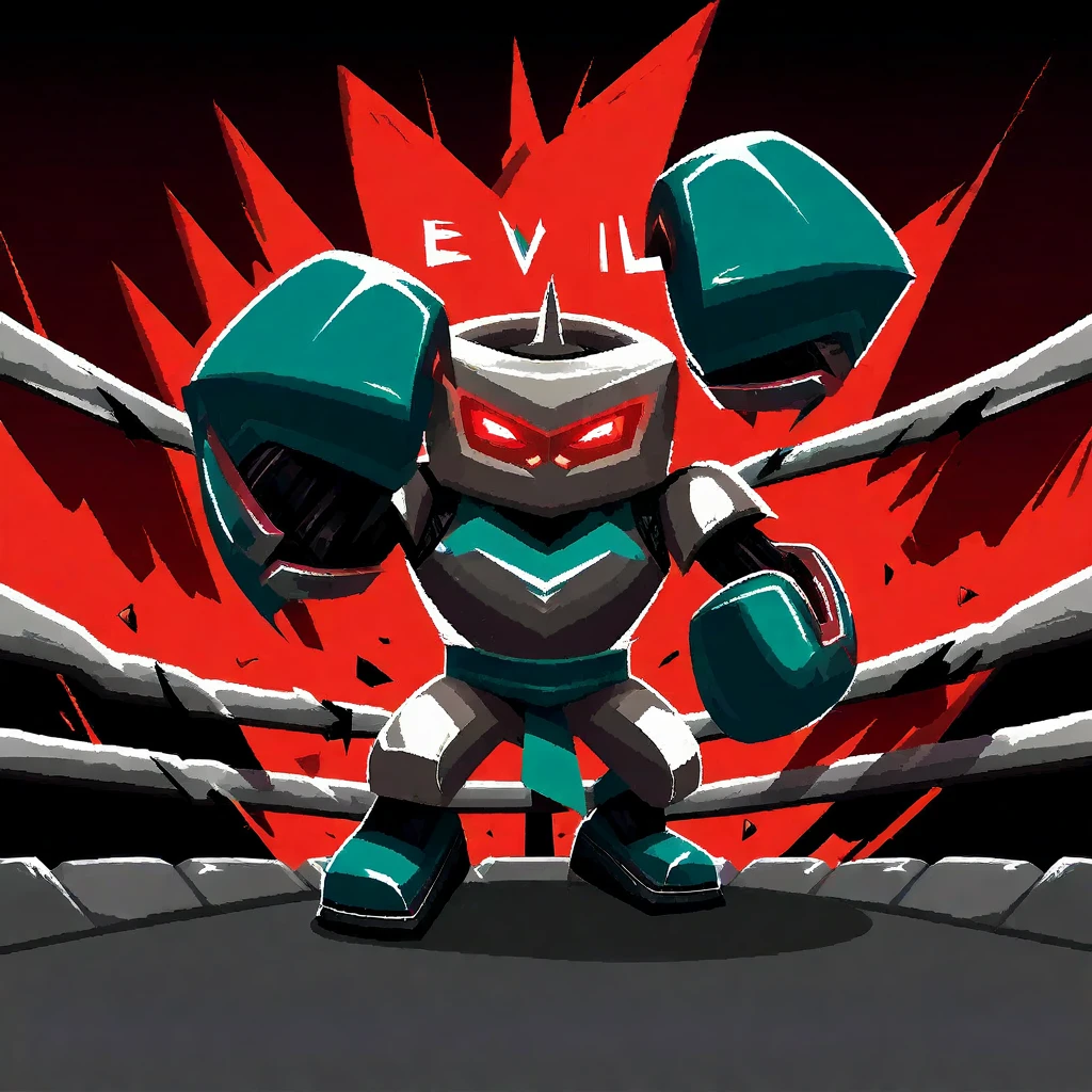 (A brawler robot, very scary styling, over sized scary fists, evil color scheme, red light eyes), is boxing a timid smaller robot, brutal destruction, robot brawl, set in an arena