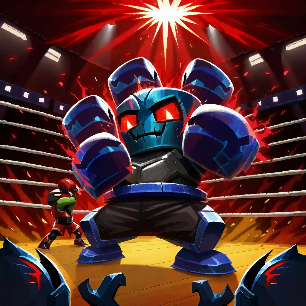 (A brawler robot, very scary styling, over sized scary fists, evil color scheme, red light eyes), is boxing a timid smaller robot, brutal destruction, robot brawl, set in an arena