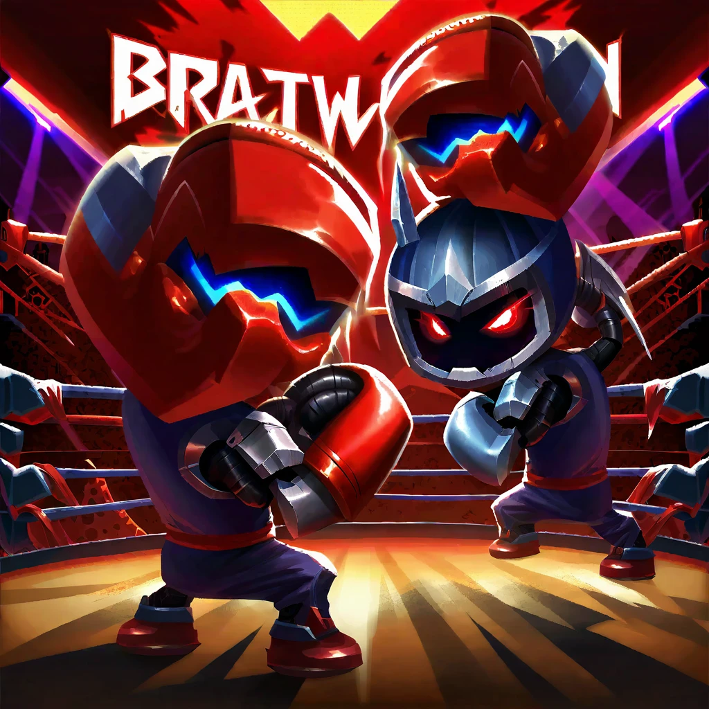 (A brawler robot, very scary styling, over sized scary fists, evil color scheme, red light eyes), is boxing a timid smaller robot, brutal destruction, robot brawl, set in an arena