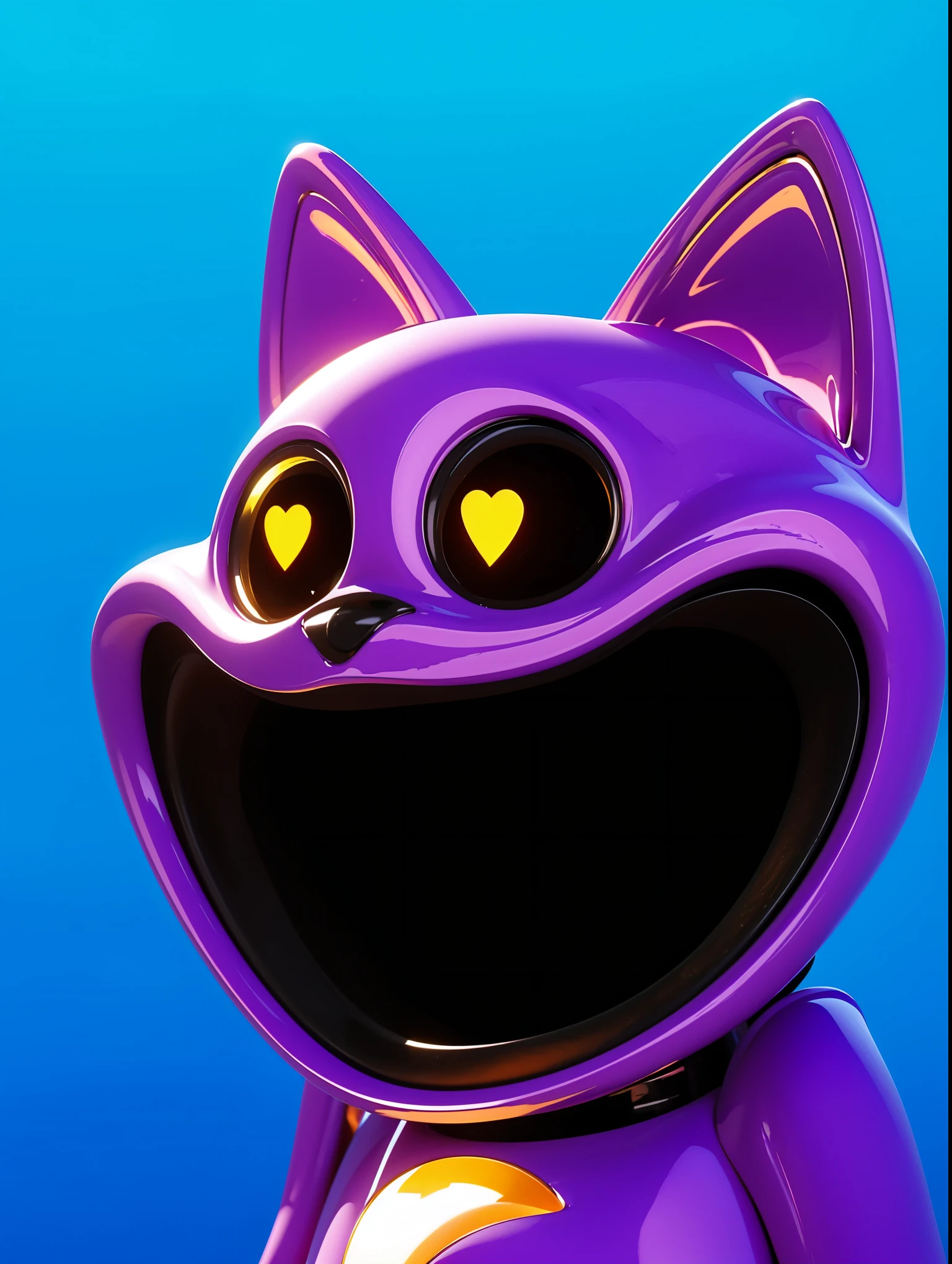 Create an image of a cartoonish character with a grey body, wearing a yellow shirt, and a wide-brimmed orange hat. The character has large, black eyes with white pupils and a wide, sharp-toothed grin. The background should be a gradient of blue, giving a cheerful yet slightly eerie vibe to the overall appearance. cartoon key frame rendering, cute 3D rendering, Shiny metallic,Create ultra sharp цветной рендеринг zbrush. perfect cgi, cgi art created only with gradients, smooth silhouette, Create ultra sharp skin, high intensity refraction, (plastic material), most beautiful vfx, blue background, plastic refractions, glossy texture, smooth 3d model, multiple light sources, rim light, sharp post effects render, (glossy plastic texture with multiple big light probe refractions), perfect cgi, cgi art created only with gradients, smooth silhouette, high intensity refraction, (plastic material), most beautiful vfx, blue background, plastic refractions Create ultra sharp
