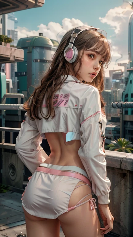 masterpiece, highest quality, Very detailed, 8k, RAW Photos, Realistic, One Girl, alone, Rim Light, Very detailed face, (Contrasting:1.1), 、Back view, smile, Amazingly cute young Russian girl, Droopy eyes, pale pink plump lips, Light brown straight medium hair、With bangs, Light brown thin eyebrows, Oily skin, Wet Skin, Wearing an ivory and pink cyberpunk style bikini and jacket, Put on some high-tech headphones, Mid-chest, Cyberpunk city residential area, thunderclouds in the sky, Midsummer、