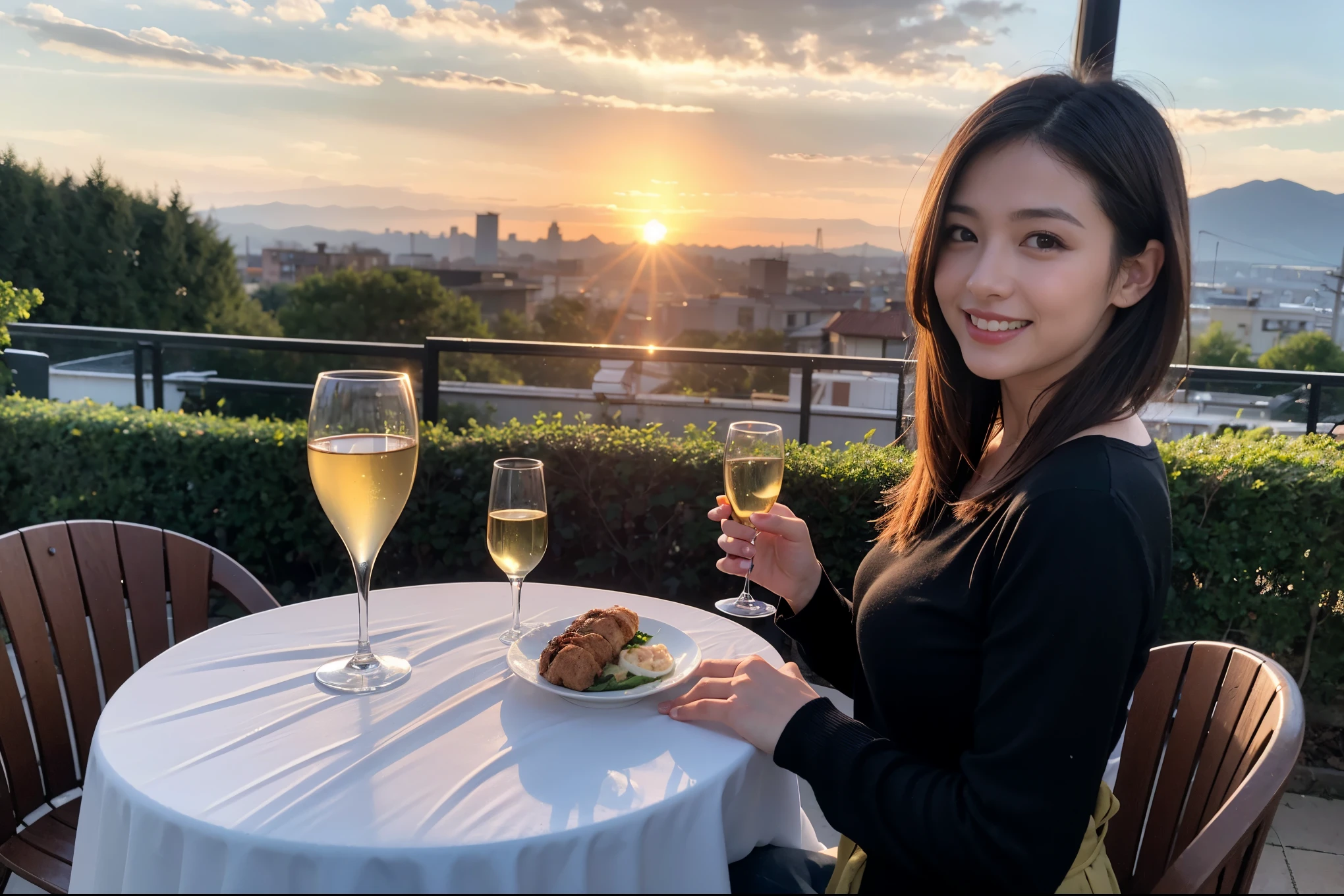((highest quality、8k、masterpiece:1.3))、One male lover、1 female、石原さとみ似Couple、model、Spouse、Couple、The body is slim、((Bob Hale、Straight hair:1.2)), (Realistic, Intricate details:1.2), テーブルの上のwine glass、Shine light on your face、 Amazing view of the sunset sky and clouds、Amazing mountain views、A bright smile、The wonderfulness of smile、Bright image、The beauty of wine, Beautiful Face, blue eyes, The light shines on your face, Blushing, short hair,Bright Face、 (Age 37), 39 years old, red wine 、Appetizers、Italian food、Wine bottle、Champagne、sparkling wine、Two beauties、Brown Hair、Shortcuts、Long sleeve shirt、dress、Pretty Woman 1, (slimな顔), (The body is slim), (Brown Hair), (Shortcuts), cheeks turn a little red,Attractive beauty、restaurant, In a prominent place (From the waist up) Nova Frog Style, actress, model, Upper Body, White wine, slim, wine glass, 中央に置かれたwine glass, smile, (smile: 1.15), Beautiful fine grain, Depth f/2,saturation, High Contrast, Strong light and shadow,Moist Body:1.5、3D texture、Delicate eyes、Brown Hair、The hair is very shiny、
