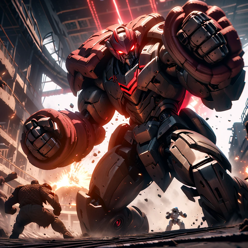 a huge intimidating brawler robot with oversized scary fists, evil color scheme, red glowing eyes, boxing a small timid robot, brutal destruction, robot brawl, in an arena, dark moody lighting, cinematic angle, highly detailed, intricate mechanical design, gritty industrial setting, dynamic action pose, masterpiece, 8k, photorealistic