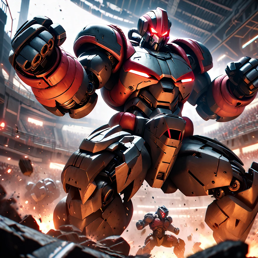 a huge intimidating brawler robot with oversized scary fists, evil color scheme, red glowing eyes, boxing a small timid robot, brutal destruction, robot brawl, in an arena, dark moody lighting, cinematic angle, highly detailed, intricate mechanical design, gritty industrial setting, dynamic action pose, masterpiece, 8k, photorealistic