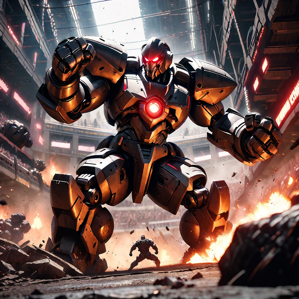 a huge intimidating brawler robot with oversized scary fists, evil color scheme, red glowing eyes, boxing a small timid robot, brutal destruction, robot brawl, in an arena, dark moody lighting, cinematic angle, highly detailed, intricate mechanical design, gritty industrial setting, dynamic action pose, masterpiece, 8k, photorealistic