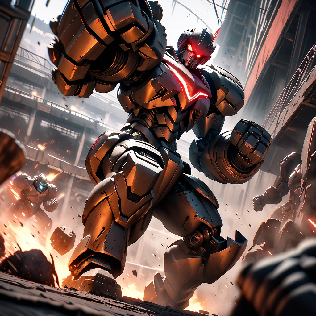 a huge intimidating brawler robot with oversized scary fists, evil color scheme, red glowing eyes, boxing a small timid robot, brutal destruction, robot brawl, in an arena, dark moody lighting, cinematic angle, highly detailed, intricate mechanical design, gritty industrial setting, dynamic action pose, masterpiece, 8k, photorealistic
