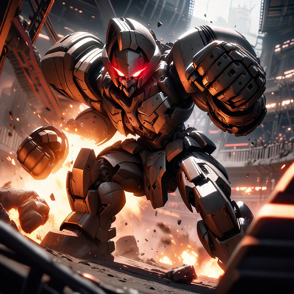 a huge intimidating brawler robot with oversized scary fists, evil color scheme, red glowing eyes, boxing a small timid robot, brutal destruction, robot brawl, in an arena, dark moody lighting, cinematic angle, highly detailed, intricate mechanical design, gritty industrial setting, dynamic action pose, masterpiece, 8k, photorealistic
