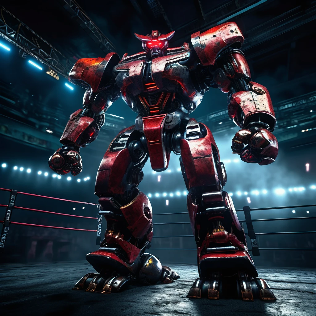 a huge intimidating brawler robot with oversized scary fists, evil color scheme, red glowing eyes, boxing a small timid robot, brutal destruction, robot brawl, in an arena, dark moody lighting, cinematic angle, highly detailed, intricate mechanical design, gritty industrial setting, dynamic action pose, masterpiece, 8k, photorealistic