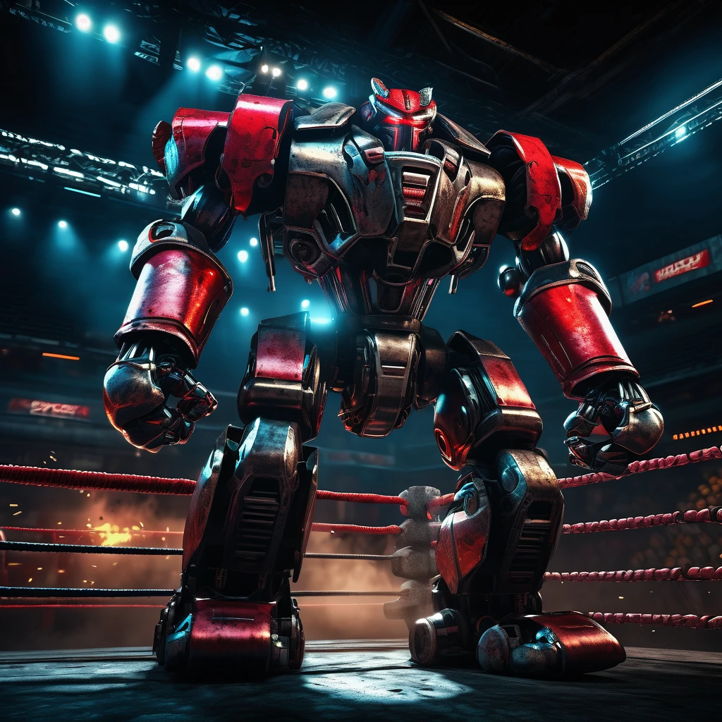 a huge intimidating brawler robot with oversized scary fists, evil color scheme, red glowing eyes, boxing a small timid robot, brutal destruction, robot brawl, in an arena, dark moody lighting, cinematic angle, highly detailed, intricate mechanical design, gritty industrial setting, dynamic action pose, masterpiece, 8k, photorealistic