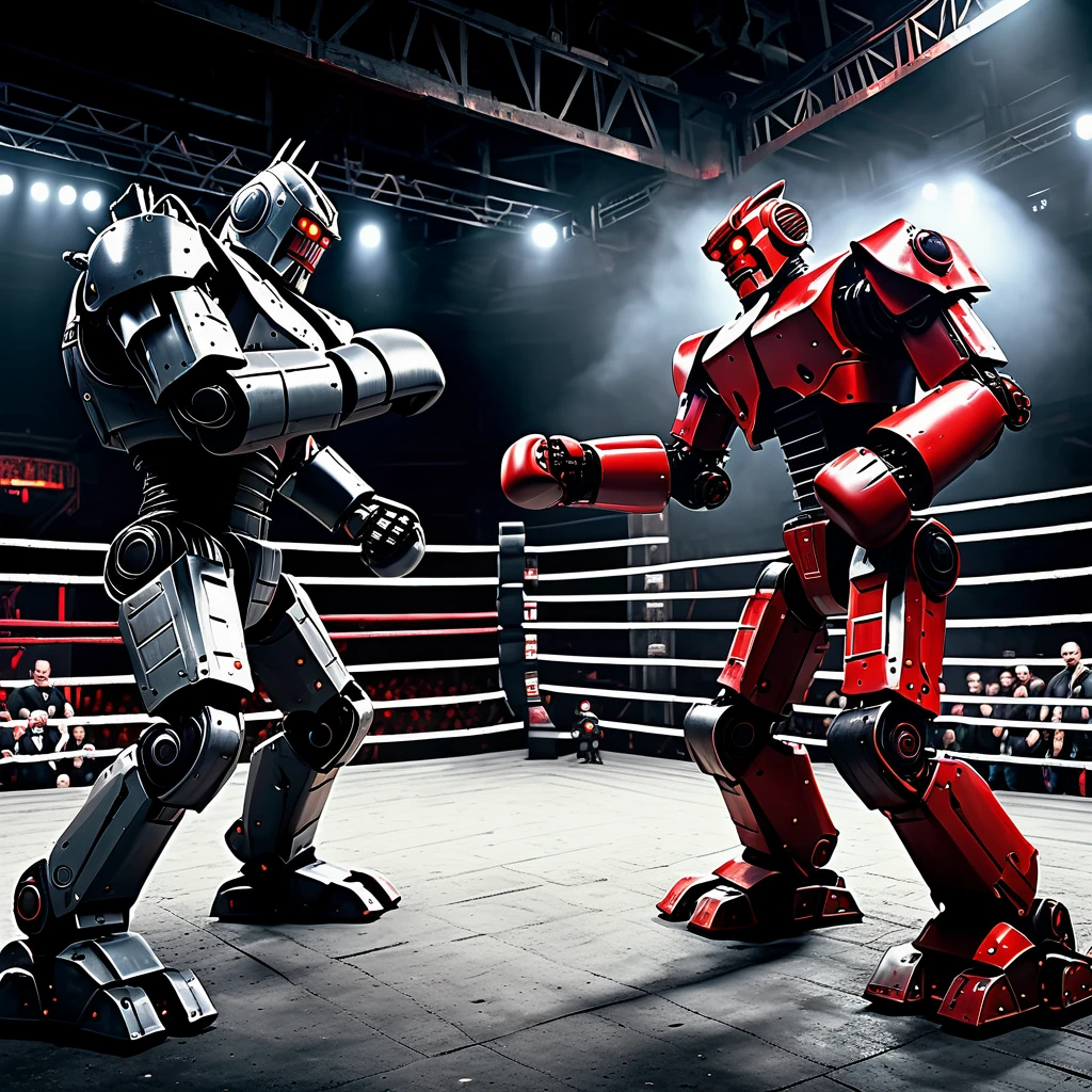 a huge intimidating brawler robot with oversized scary fists, evil color scheme, red glowing eyes, boxing a small timid robot, brutal destruction, robot brawl, in an arena, dark moody lighting, cinematic angle, highly detailed, intricate mechanical design, gritty industrial setting, dynamic action pose, masterpiece, 8k, photorealistic