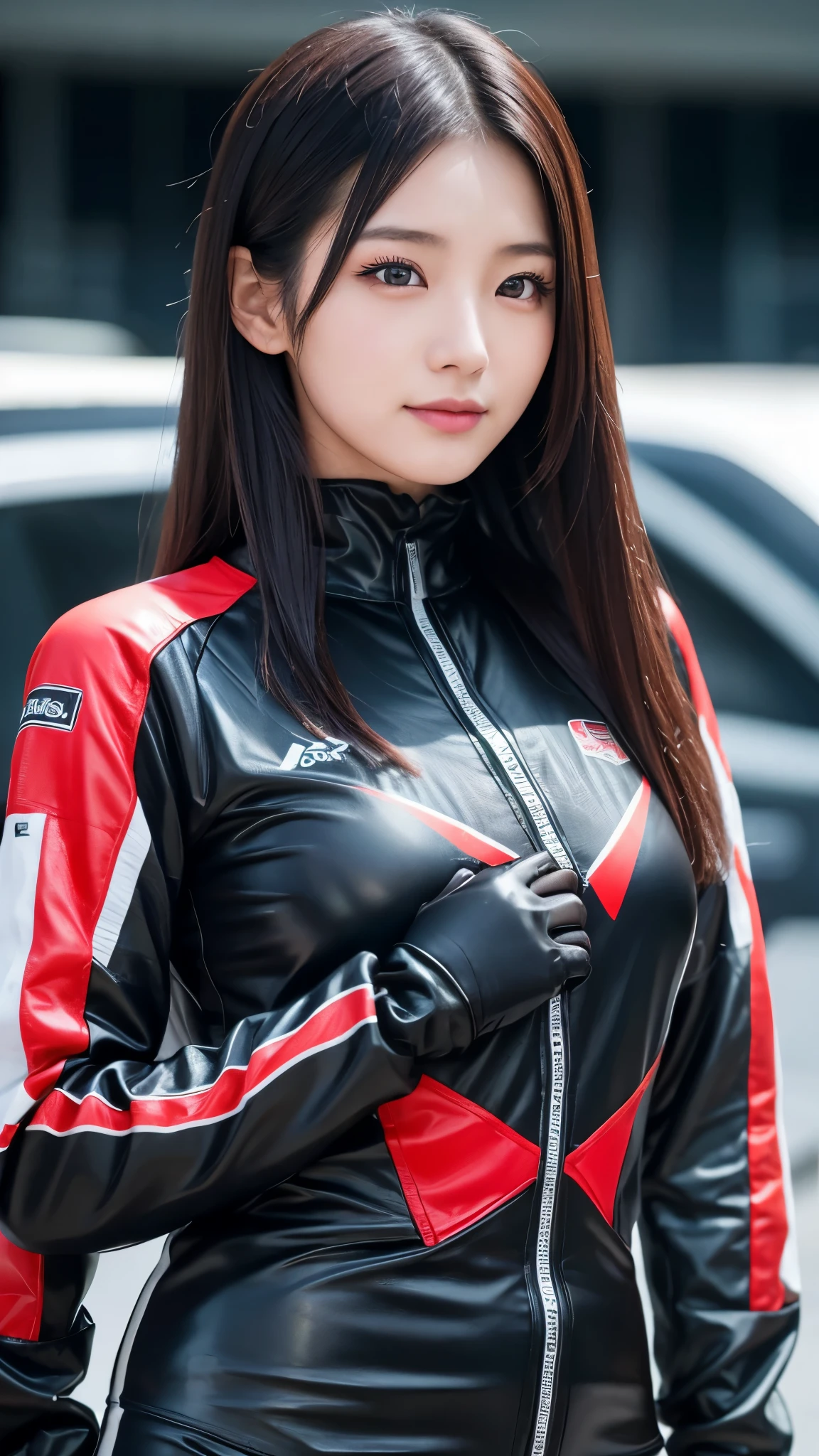 japanese girl, 20 years old, dark makeup, detailed face, long hair, black hair, beautiful eyes, realistic, face close up, laugh, sexy pose, (Racing Suit), long sleeves, leather racing gloves, 8K, cinematic, sexy woman, circuitry