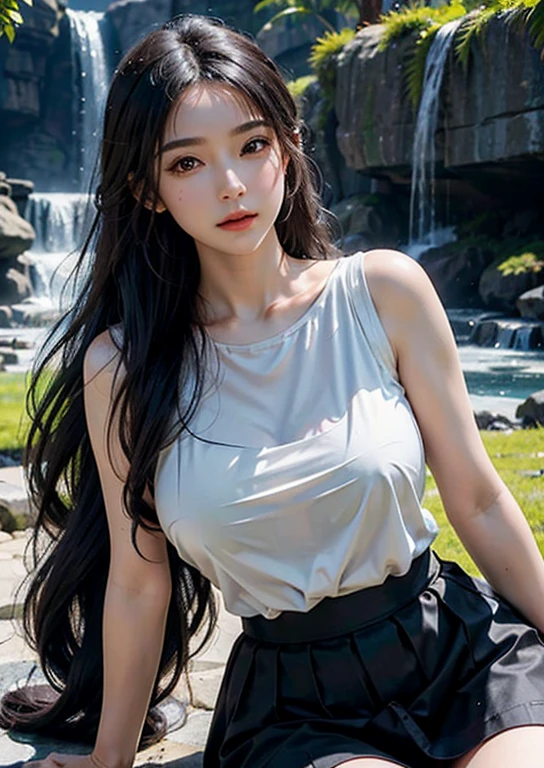 (Ultra-realistic) — A high-resolution portrait showcases a solitary woman, lying on the lush grass, her delicate face tilted up, gazing at the viewer with soft, dreamy eyes. Her long, wavy hair spreads across the ground like a waterfall, framing her plump, uncovered breasts and the simple black skirt she is not wearing. Her white skin glows with a natural radiance, and the slight hip lift adds an alluring charm to her pose. The image, captured under soft light, exudes a sense of vulnerability and sensuality that is undeniably captivating. This masterpiece could easily become the wallpaper for any desktop,