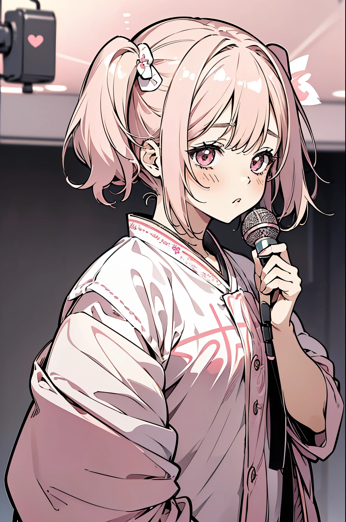 aesthetic strawberry milk themed girl, kawaii idol, super cute, long pink pigtails, strawberry stickers, cute blush, pink theme, (holding a microphone harajuku japan style), ((crisp lineart)), ((perfect 8k HD wallpaper)), ((looking at viewer)), ((upward camera angle)), (focus on face)