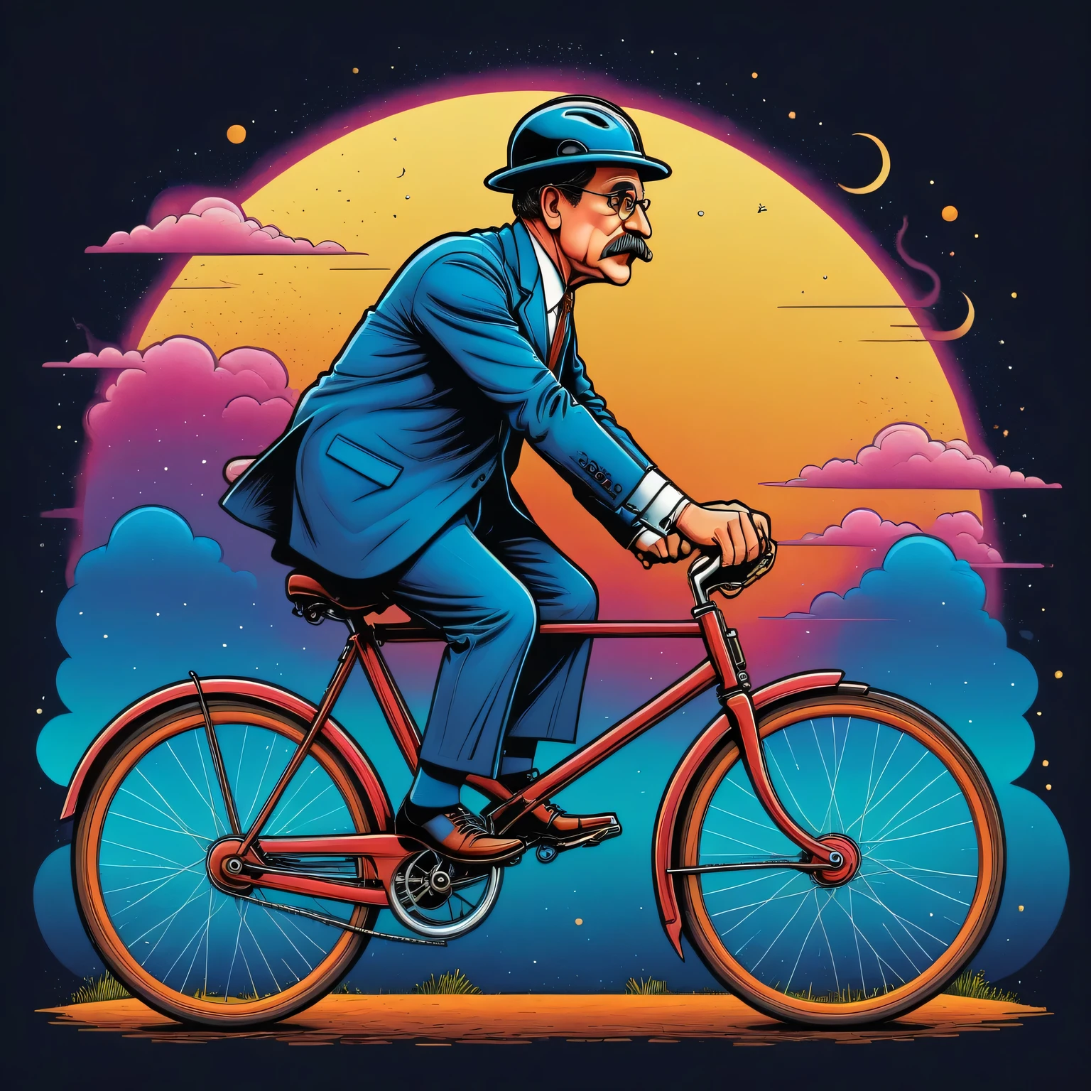 Vector graphics aesthetics, surreal image in the style of H.G. Wells, When I see a grown man on a bicycle, I am calm for humanity, vector graphics, high resolution, clear outlines, colorful gradients