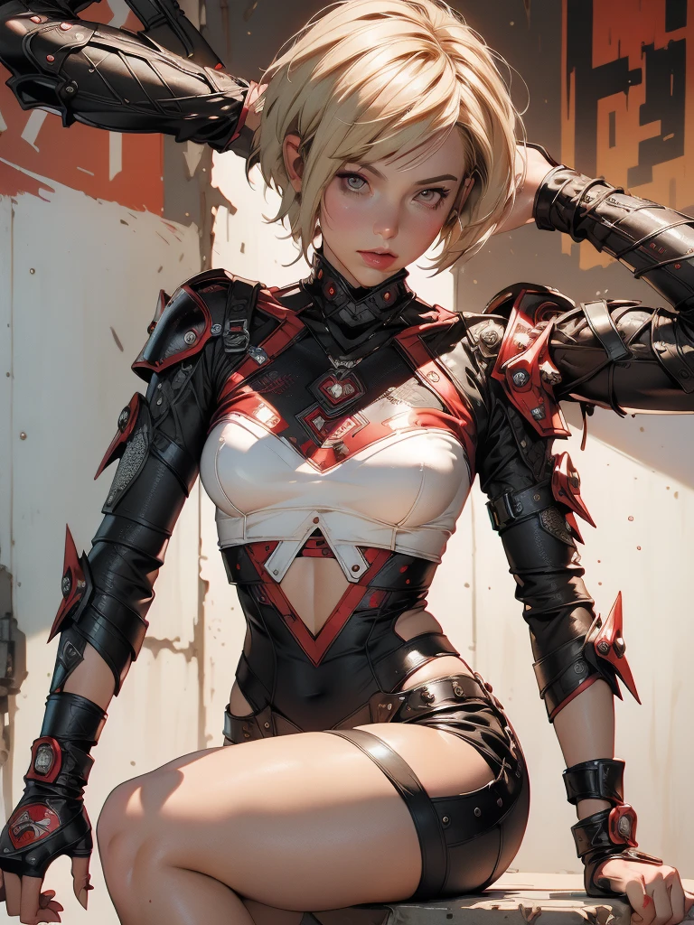 (((woman))), (((best quality))), (((masterpiece))), (((adult))), (((1girl))), (((pixie haircut) )), A 25-year-old female cyberpunk superhero with a perfect body, alien armor, h.r. Giger style, shoulder pads with metal spines, oversized cybernetic hands(( pixie haircut)), tiny lace panties, ripped white supergirl t-shirt, almost naked in Simon Bisley's wild urban style for the cover of Heavy Metal magazine, Short blonde hair, Minimum clothing, Metal protection on the left arm with intricate graphics, Dark red with white stars and black and white checkerboard pattern, armor, full of spikes and rivets, (((from the knee up))), blonde hair short white, in the background a wall painted by Shepard Fairey with an intricate design