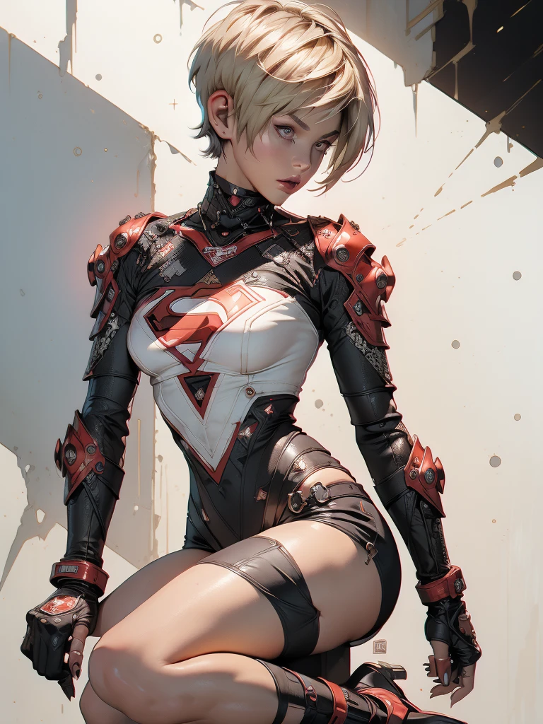 (((woman))), (((best quality))), (((masterpiece))), (((adult))), (((1girl))), (((pixie haircut) )), A 25-year-old female cyberpunk superhero with a perfect body, alien armor, h.r. Giger style, shoulder pads with metal spines, oversized cybernetic hands(( pixie haircut)), tiny lace panties, ripped white supergirl t-shirt, almost naked in Simon Bisley's wild urban style for the cover of Heavy Metal magazine, Short blonde hair, Minimum clothing, Metal protection on the left arm with intricate graphics, Dark red with white stars and black and white checkerboard pattern, armor, full of spikes and rivets, (((from the knee up))), blonde hair short white, in the background a wall painted by Shepard Fairey with an intricate design