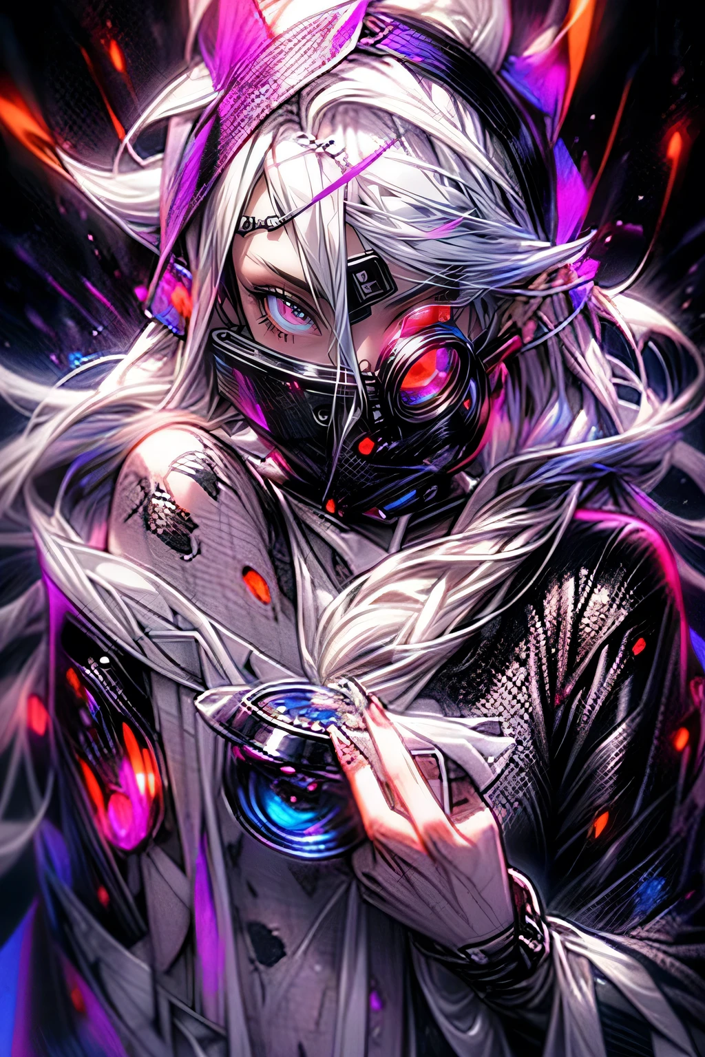 Veil on head, gray veil, white hair, gray white, Guvez art style, arrogant and indifferent girl, half-squinted, white eyeballs, white eyes, national style, gray-white