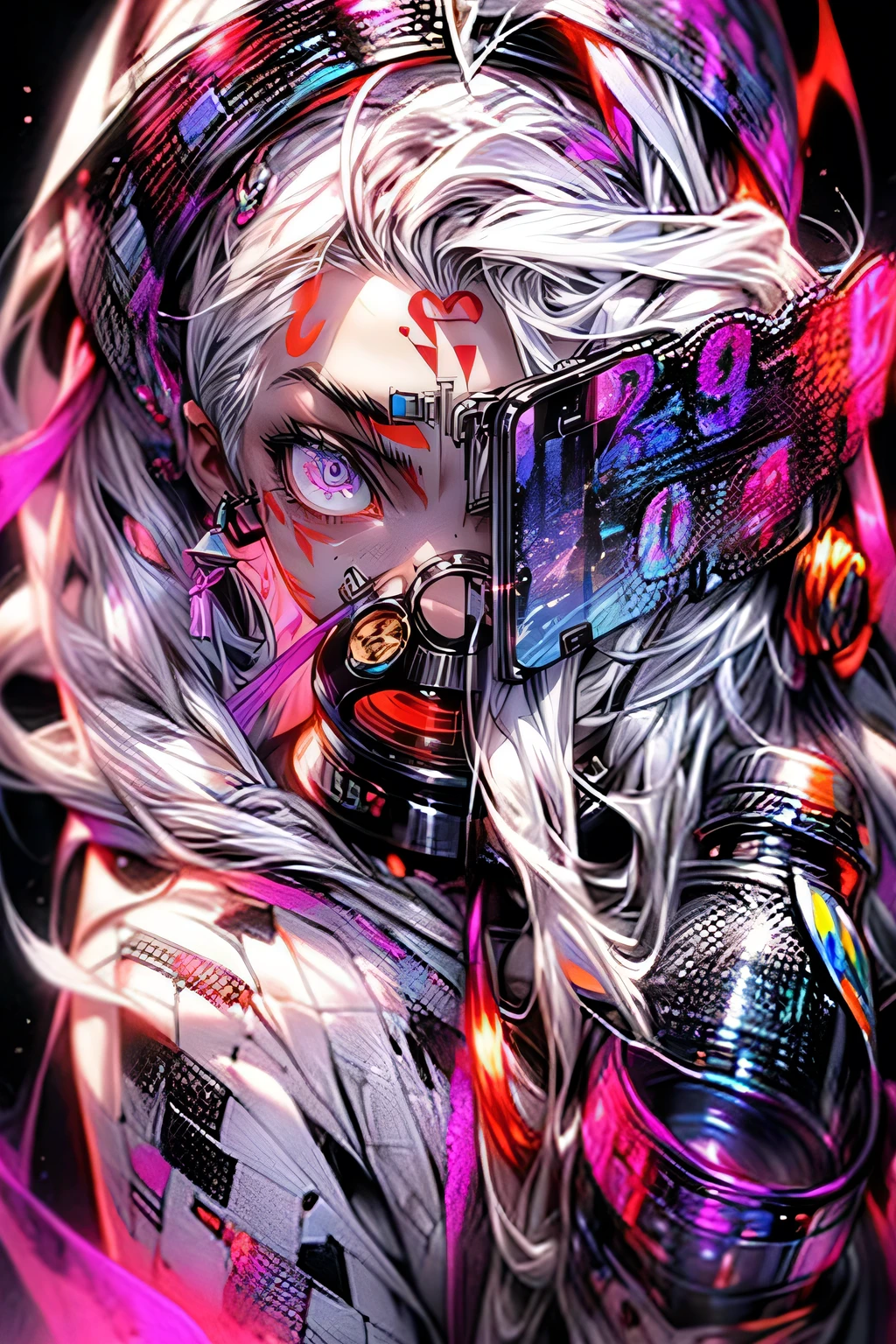 Veil on head, gray veil, white hair, gray white, Guvez art style, arrogant and indifferent girl, half-squinted, white eyeballs, white eyes, national style, gray-white