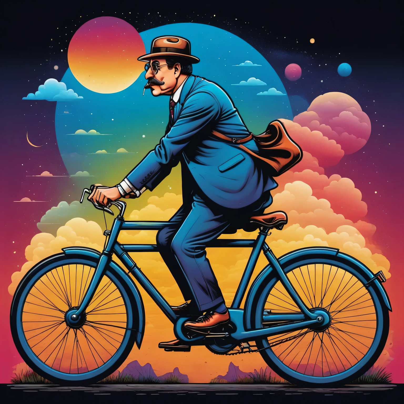 Vector graphics aesthetics, surreal image in the style of H.G. Wells, When I see a grown man on a bicycle, I am calm for humanity, vector graphics, high resolution, clear outlines, colorful gradients