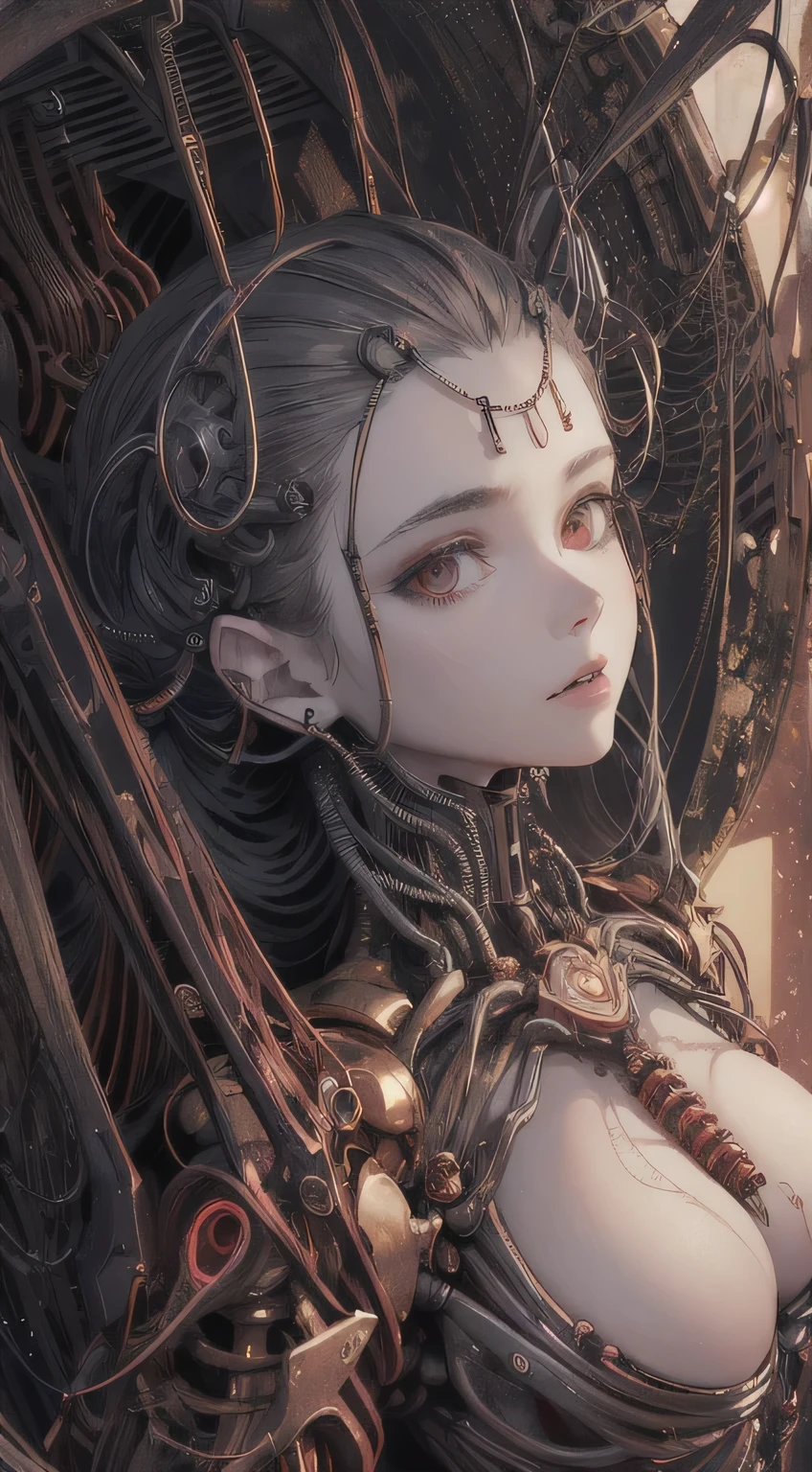 (((masterpiece))), ((highest quality)), (Very detailed), (CG illustration), (So evil and beautiful)), Cinematic Light, ((1. Mechanical Girl)), single, (Mechanical Arts: 1.4), ((Mechanical Limbs)), (Blood vessel attached to a tube), ((Mechanical spine attached to the back)), ((Mechanical cervical vertebrae attached to the neck), (Back to viewers)), Expressionless, ( Wires and cables connected to the head and torso: 1.5), sf, Apocalypse, what'left behind, (Lower body integrated with mechanical device), (Blood: 1.5), Cruelty, Confused, eroticism, Integration with machines, The End Times, Super Future, inorganic, Research Room, constrained, (Beautiful luxury: 1.2), (1 girl: 1.3), Body wrapped around the tentacles of a machine、The lower body is mechanical