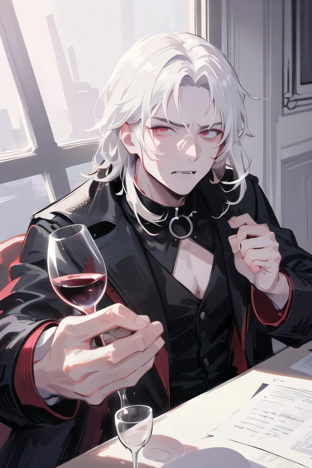 ((best quality)), ((masterpiece)), (detailed), perfect face, male, man, boy, vampire, holding glass of wine, fangs visible, goth outfit, black, red, seductive, white hair, anime style, cute, attractive, only wine, not smiling, brooding face, edgy