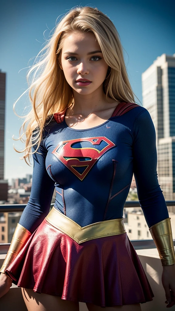 Hyperrealist portrait of a 19 years old supergirl iin transparent supergirl costume) by david hockney and alphonse mucha,fantasy art, photo realistic, dynamic lighting, artstation, poster, volumetric lighting, very detailed face, 8 k, award winning photo,1girl, in the dark, full body, low key, cowgirl shot, (official clothing:1.2) , long hair, blond-white hair, blue eyes, city skyline background