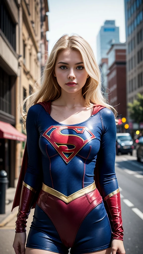 Hyperrealist portrait of a 19 years old supergirl iin transparent supergirl costume) by david hockney and alphonse mucha,fantasy art, photo realistic, dynamic lighting, artstation, poster, volumetric lighting, very detailed face, 8 k, award winning photo,1girl, in the dark, full body, low key, cowgirl shot, (official clothing:1.2) , long hair, blond-white hair, blue eyes, city skyline background 