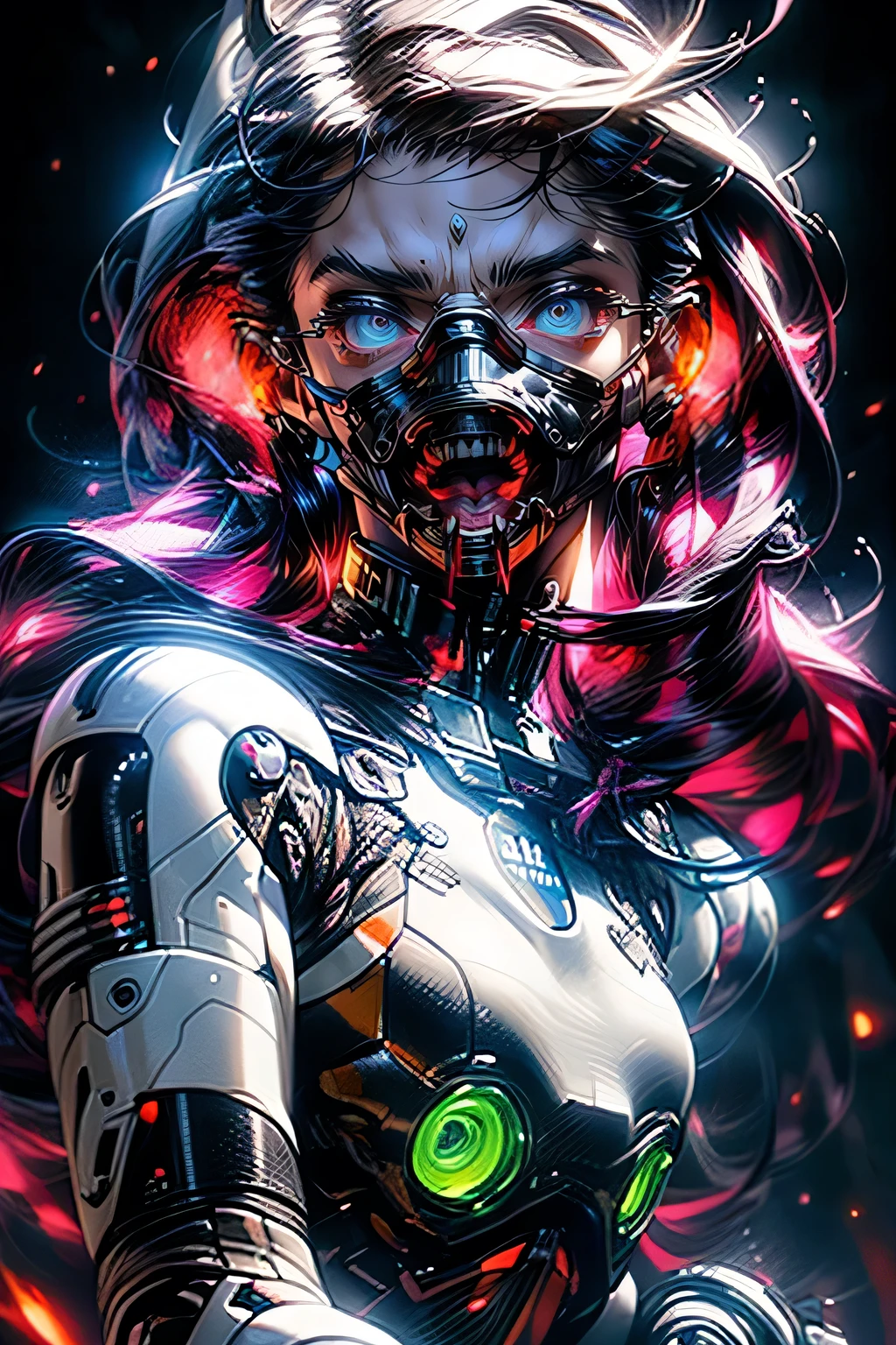 masterpiece, best quality, ultra realistic, hyper-detailed, 8k resolution, RAW photo, sharp focus, (1girl), solo, gorgeous face, perfect body, mature female, 25yo, portrait, mecha, white armor, nanosuit, sexy, messy hair, cinematic, cinematic light, dark theme