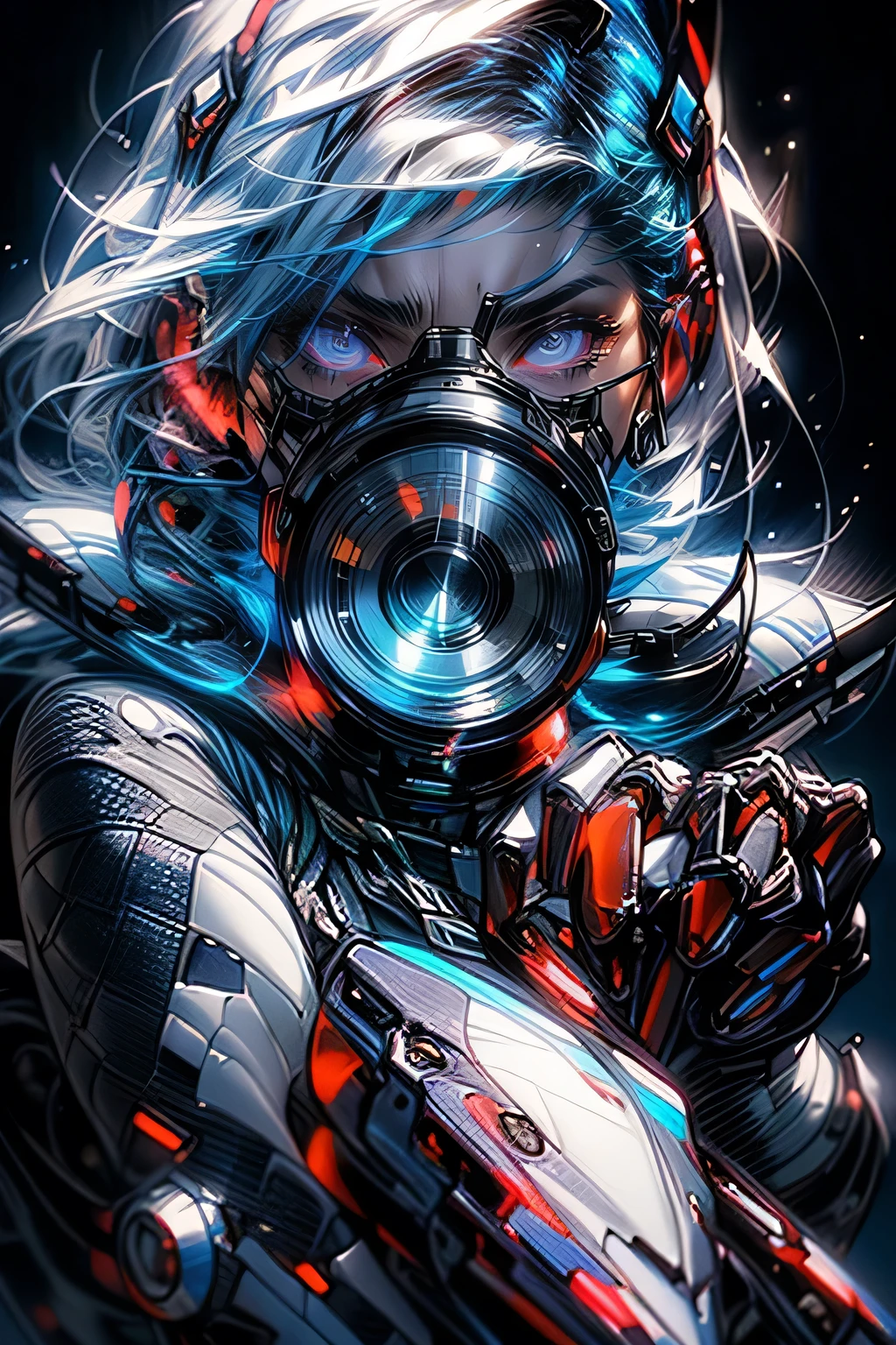 masterpiece, best quality, ultra realistic, hyper-detailed, 8k resolution, RAW photo, sharp focus, (1girl), solo, gorgeous face, perfect body, mature female, 25yo,  portrait, mecha, white armor, nanosuit, sexy, messy hair, cinematic, cinematic light, dark theme