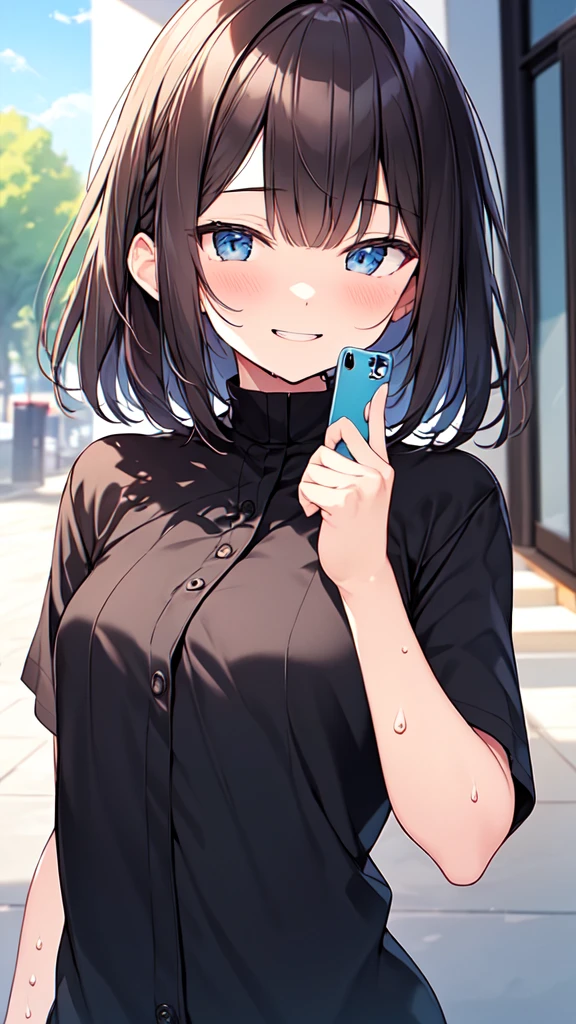 highest quality, masterpiece, Ultra-high resolution, 8k,Summer sky,early summer,((Summer clothes)),Show anime style , One, Soft Line Art, Digital Enhancement, shojo anime touch, shojo manga core, Flowing fabric, close, Soft Drawing, Ultra High Definition Digital Anime Art, Clear facial depiction, Highly detailed girl manga character art, Ultra-detailed manga style, highest qualityの色, 1.2), (Short brown hair), Wet Hair,Beautiful brown hair, Clear brown eyes, Slightly thicker,Small breasts,Small Ass,(((Teasing Smile))),, Mouth closed, View from the veranda of a high-rise apartment building, (((Take a selfie with your smartphone))),(((Decide with your right hand))), Short sleeve, Looking at the audience, Medium Hair, alone, Upper Body, school uniform: 1.3, ((alone)), (masterpiece), Mr..々Pose in motion、With a smile、mini skirt、View from behind