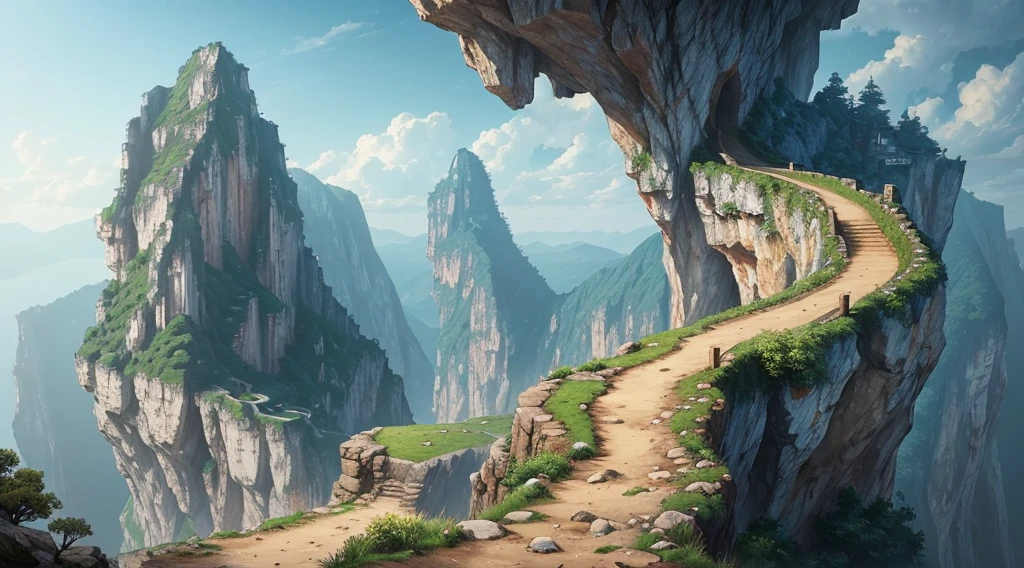 cliff下的小路,illustration,CG,middle Ages,Original gravel road,cliff,Mountain Road,rugged,Dangerous cliffs,