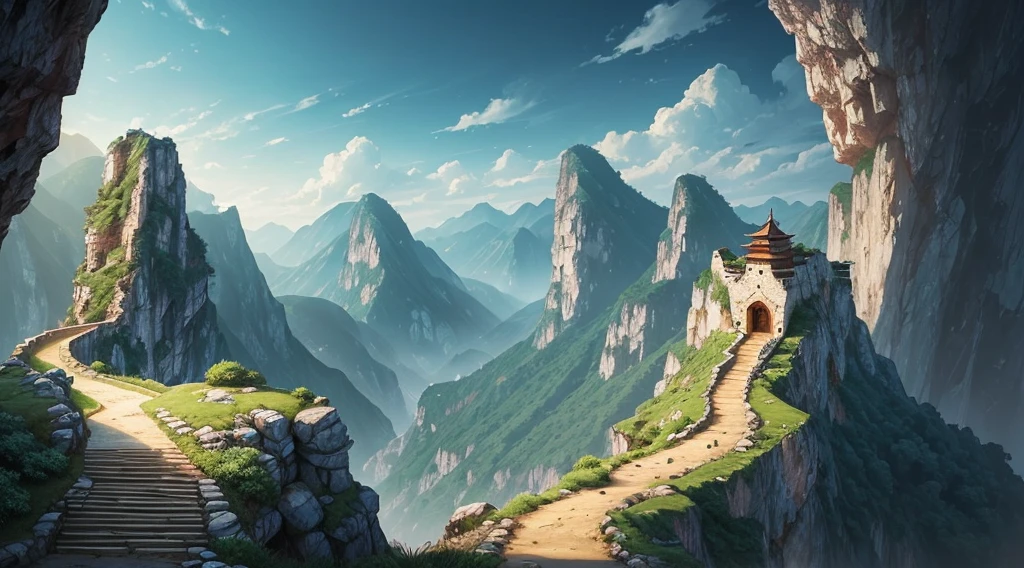 cliff下的小路,illustration,CG,middle Ages,Original gravel road,cliff,Mountain Road,rugged,Dangerous cliffs,