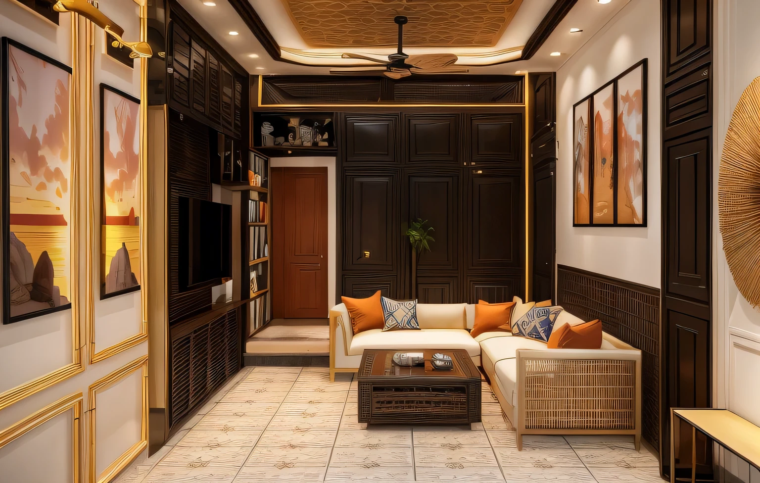 Raw photo, Masterpiece, high quality, best quality, authentic, super detail, interior, indoors, indochine livingroom with couch,rug, coffe table, dark tile floor, (sunset:1.1), vivid color, vray,