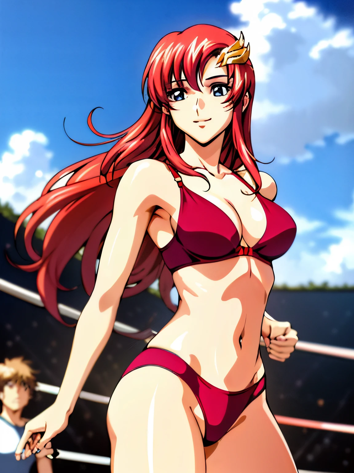 lacus4, (red bikini, running, thong, thin girl, masterpiece, cowboy shot, very slim shoulders, 4K, Best Quality, Anime style: 1.9, happy, Adult Woman, (ultra detailed head), (wrestling arena with crowd, cloud background), Drawing lines, high resolution, lacus4), 1girl, Solo, curvy figure, Long hair, clavicle, scapular, (Detailed wide hair bangs, Hair Ornament, Detailed reddish-pink hair, shiny streaks, slim arms, detailed golden crest), , large hands, (hair cover shoulders). (Big blue eyes, shiny eyes), ((female wrestler, (slim body), slim arms, closed fists, thighs)), ((perfect proportions, medium-small breasts, thighs, long belly)), ((totally red bra)), smile with a wink, (standing, hot colors), detailed fingers, (bare shoulders)