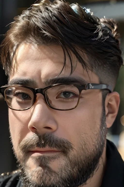 1boy, Glasses, beard, close up face, Age 35, Charm, Natural beauty, Portrait, Beautiful lighting,cool, modern, masculine, sexy, stylish, sharp, Charming, intelligent, cool, style, Confident, chic, elegant, Trendy, hopeful, strong, Charm, Magnificent, A profound feeling, reliable, elegant, smart, Background blur, 