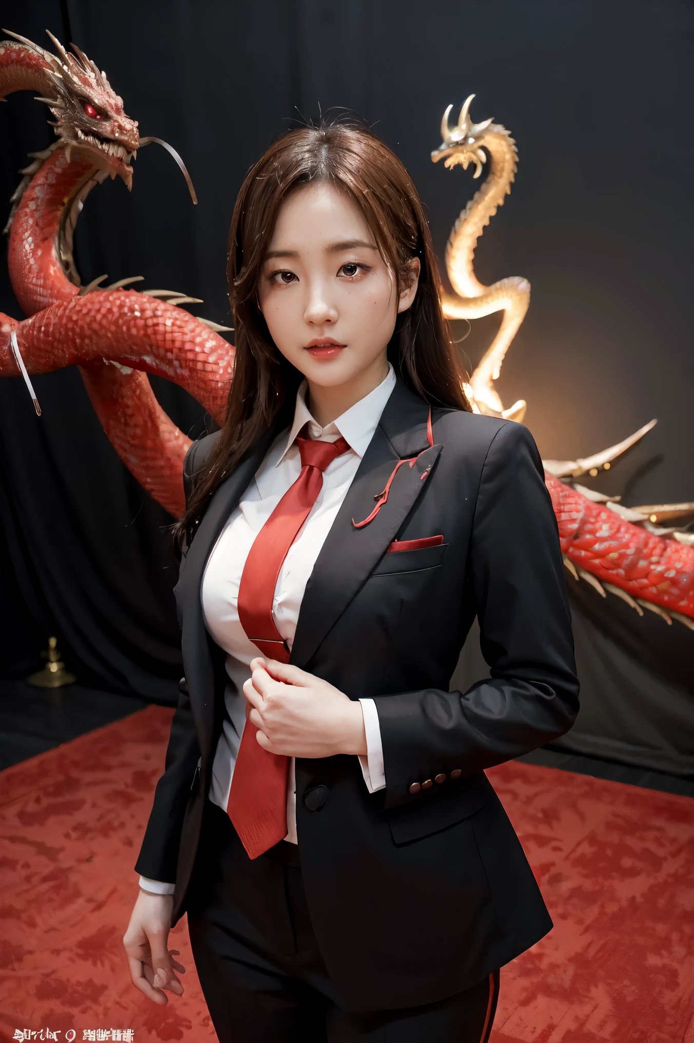 anime woman in a suit and tie with a dragon in the background, dragon - inspired suit, by Yang J, human and dragon fusion, handsome japanese demon girl, handsome girl in demon slayer art, epic and classy portrait, trendin on artstation, by Oliver Sin, crimson attire, black and red suit, highly detailed exquisite fanart, handsome female vampire