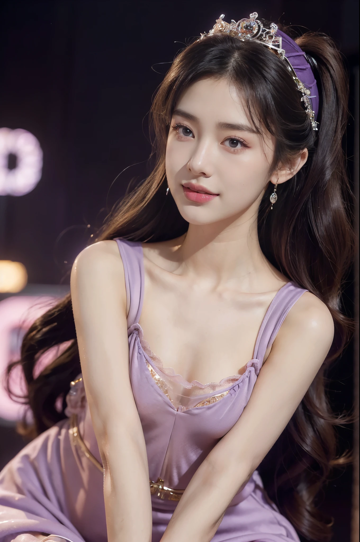 (Extremely meticulous CG),(((8k))),wallpaper,(Portrait above the chest:1.3),((Extremely refined and beautiful)),(((Masterpiece))),(((best qualtiy))),(((Ultra High Resolution))),beautiful light up,realistic shaded,(Smooth and flawless fair skin:1.5),(Extremely exquisite facial details:1.2),(ultra-detailed:1.5),((a beautiful girl,solo)),(Japanese teenage idol:1.3),(princess crown:1.3),(short ponytail:1.2),(bangs:1.3),(small head:1.2),(slender face:1.2),(Exquisite makeup:1.3),(smiling:1.2),(laughing:1.2),(blush:1.5),(perfect body:1.1),(collar:1.2),(bare legs:1.3),(Maxi dazzling purple Lolita one-piece dress:1.5),((slim,thin)),(small breasts:1.2),(flat chests:1.2),(from front:1.3),(standing:1.3),(In the gorgeous theater:1.3),(on the stage:1.5),(lively atmosphere:1.3),(indoor:1.3),(colorful neon lights:1.3),(Cyberpunk style:1.3),(detailed background:1.5),(night scene:1.5),(close-up of face:1.3),