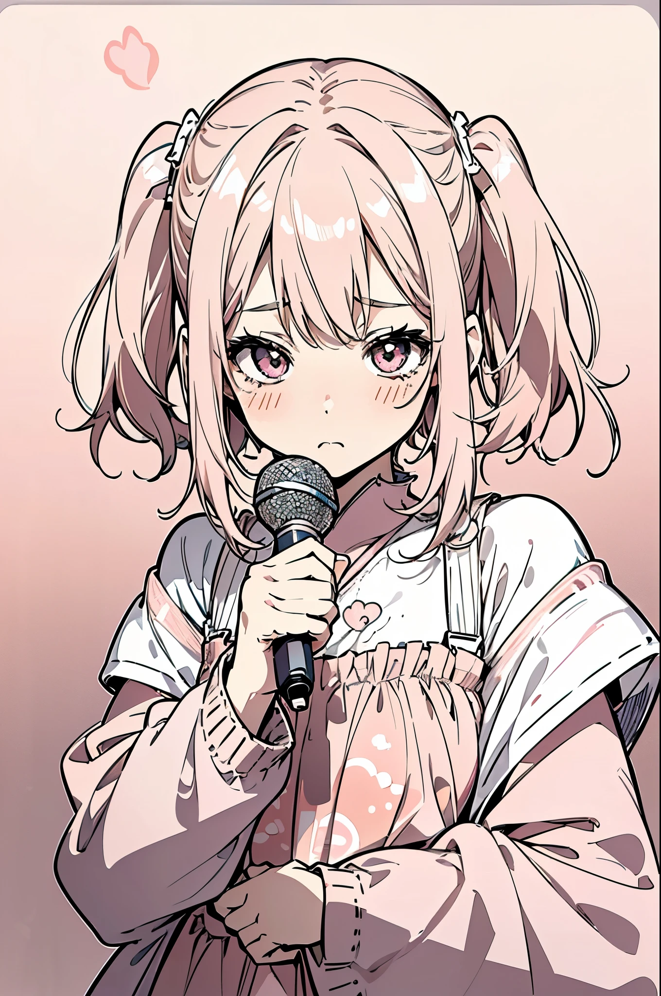 aesthetic strawberry milk themed girl, kawaii idol, super cute, long pink pigtails, strawberry stickers, cute blush, pink theme, (holding a microphone harajuku japan style), ((crisp lineart)), ((perfect 8k HD wallpaper)), ((looking at viewer)), ((upward camera angle)), (focus on face)