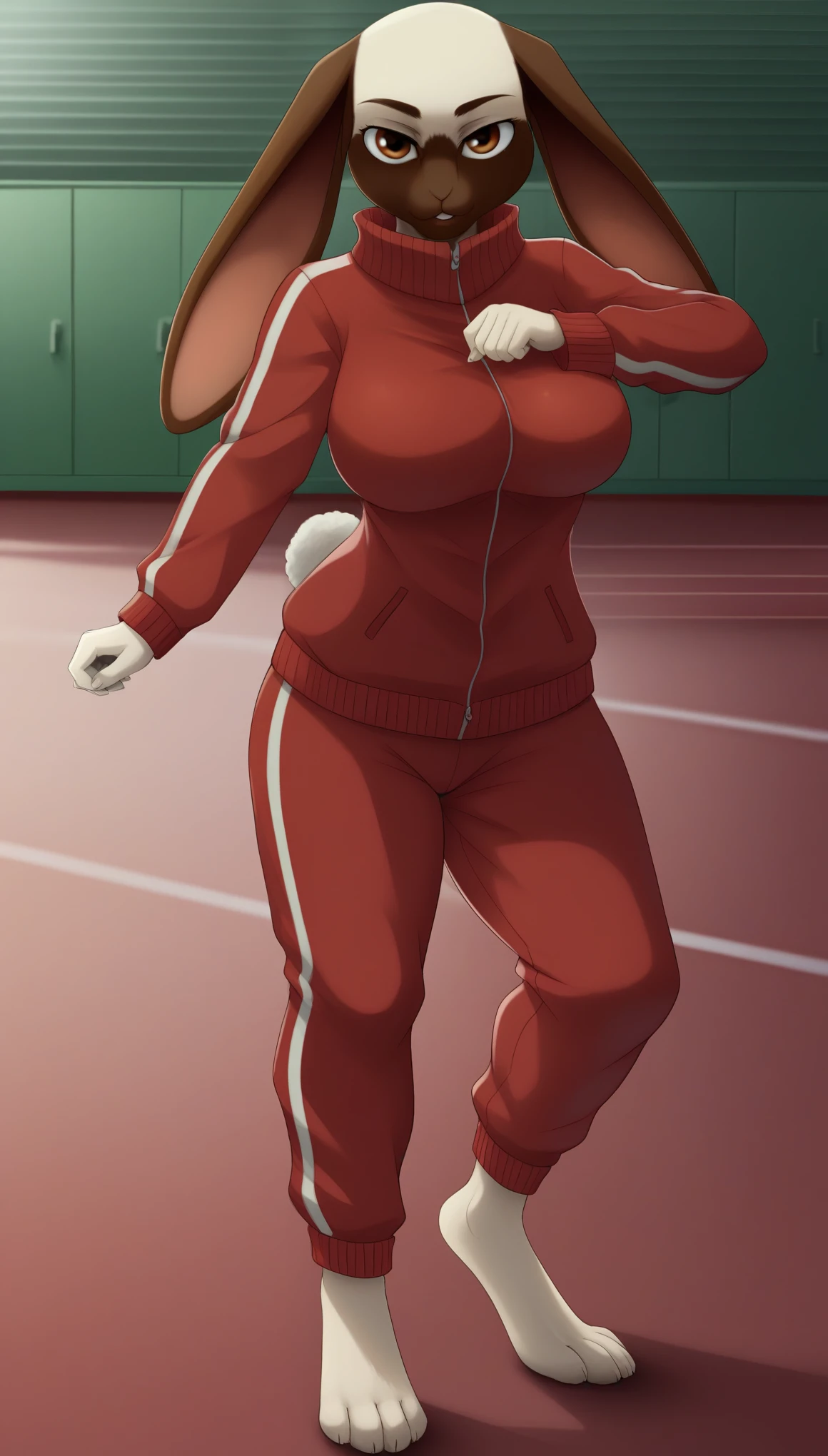 KyuuBSXL, anthro furry, furry female, white fur, two-tone fur, brown eyes, animal ears, rabbit ears, rabbit tail, snout, large breasts, red track jacket, jacket closed, red track pants, barefoot, (solo), standing, looking at viewer, indoors