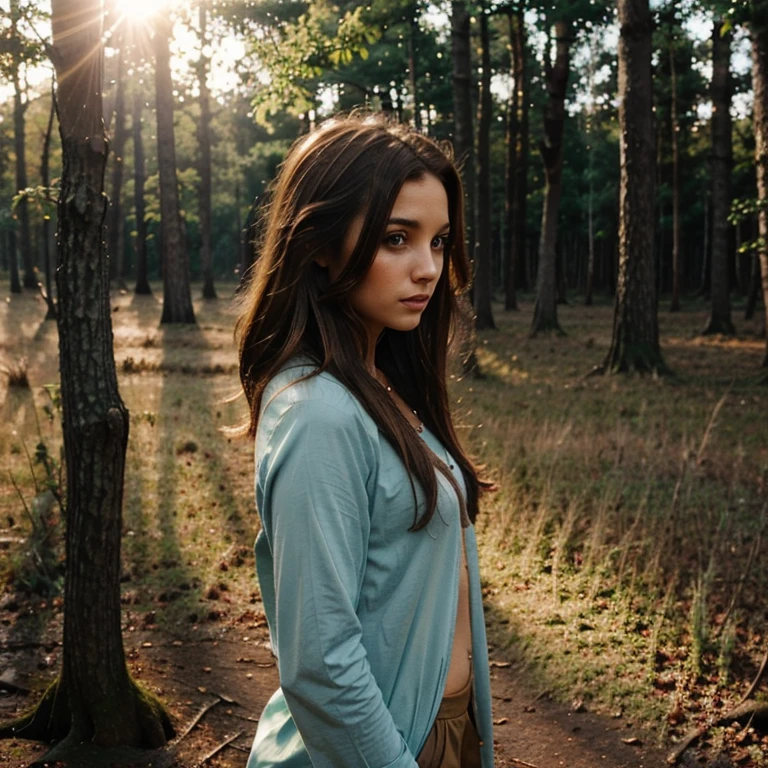 Beautiful mystical woman with brown hair, in a beautiful forest enjoying the sunset