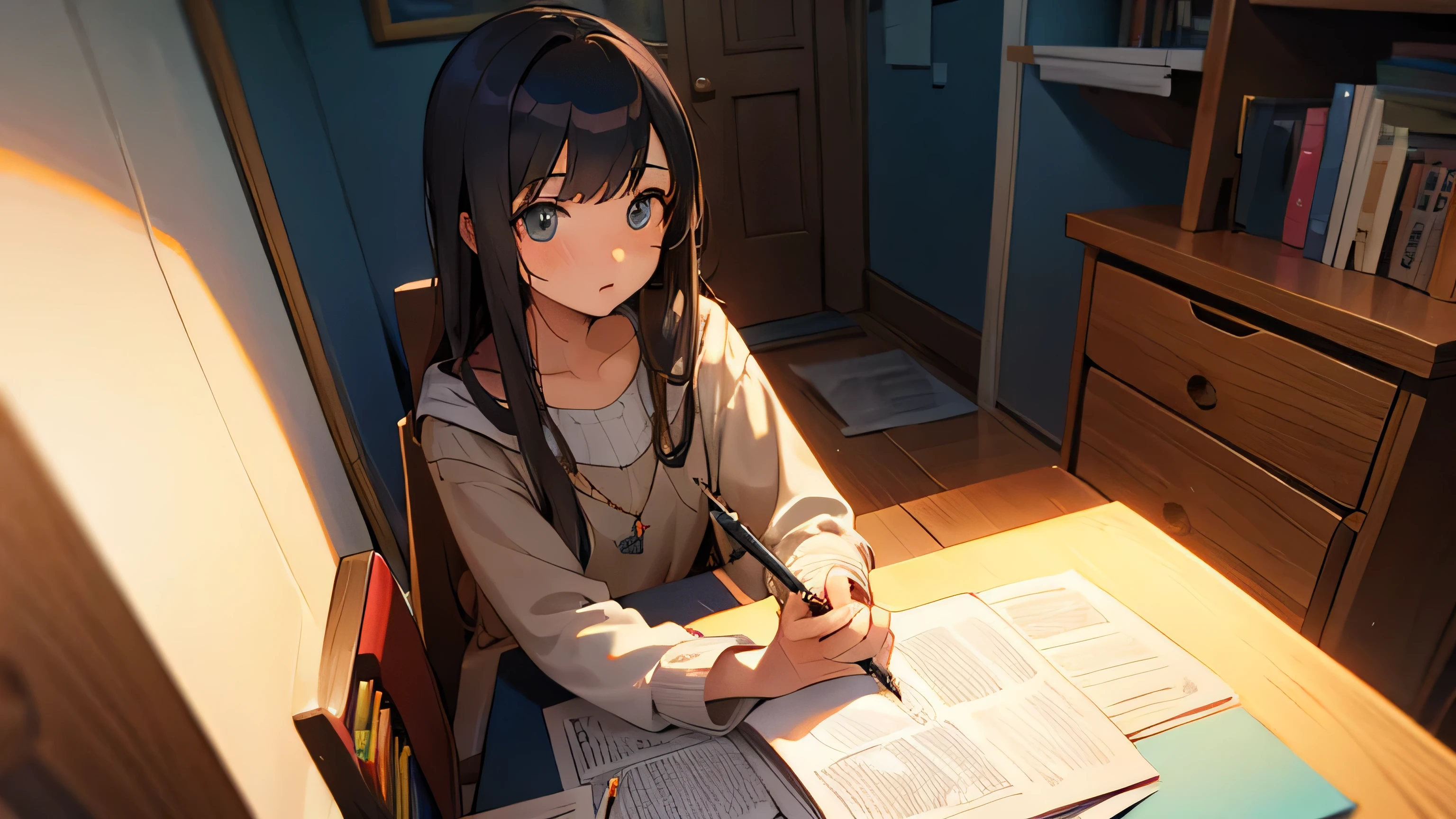 Girl studying, holding a pencil, looking at me, long hair, room