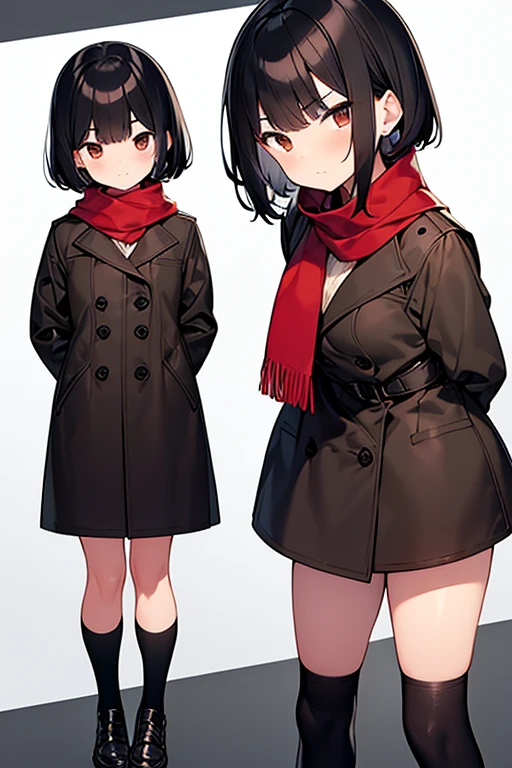 childhood friend,Short Hair,Black Hair,Thick eyebrows,Single,{masterpiece},{high quality},{Super detailed},{Perfect Face},Brown coat,Red scarf,White shirt,Black hot pants,Black tights,Brown leather shoes,Arms folded behind back