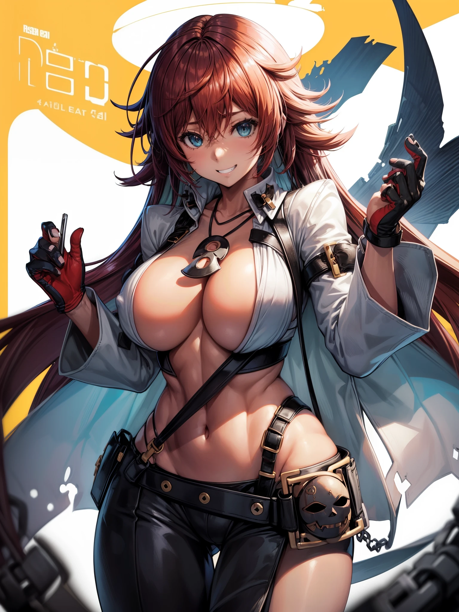 (score_9)、(score_8_up)、Rating:Blatant、、source_anime、(Round Breasts:1.5)、Nipples are hidden、(Pussyがのぞいている、Pussy:1)、(Large Breasts:1.8)、(Narrow waist、Thin Hips:1.2)、(No underwear:1.3)、BlueMary、short hair、blue eyes、pants、Crop top、turtleneck、belt、necklace、Fingerless gloves、Sideboob、Torn clothes、Grin、Big Mouth、