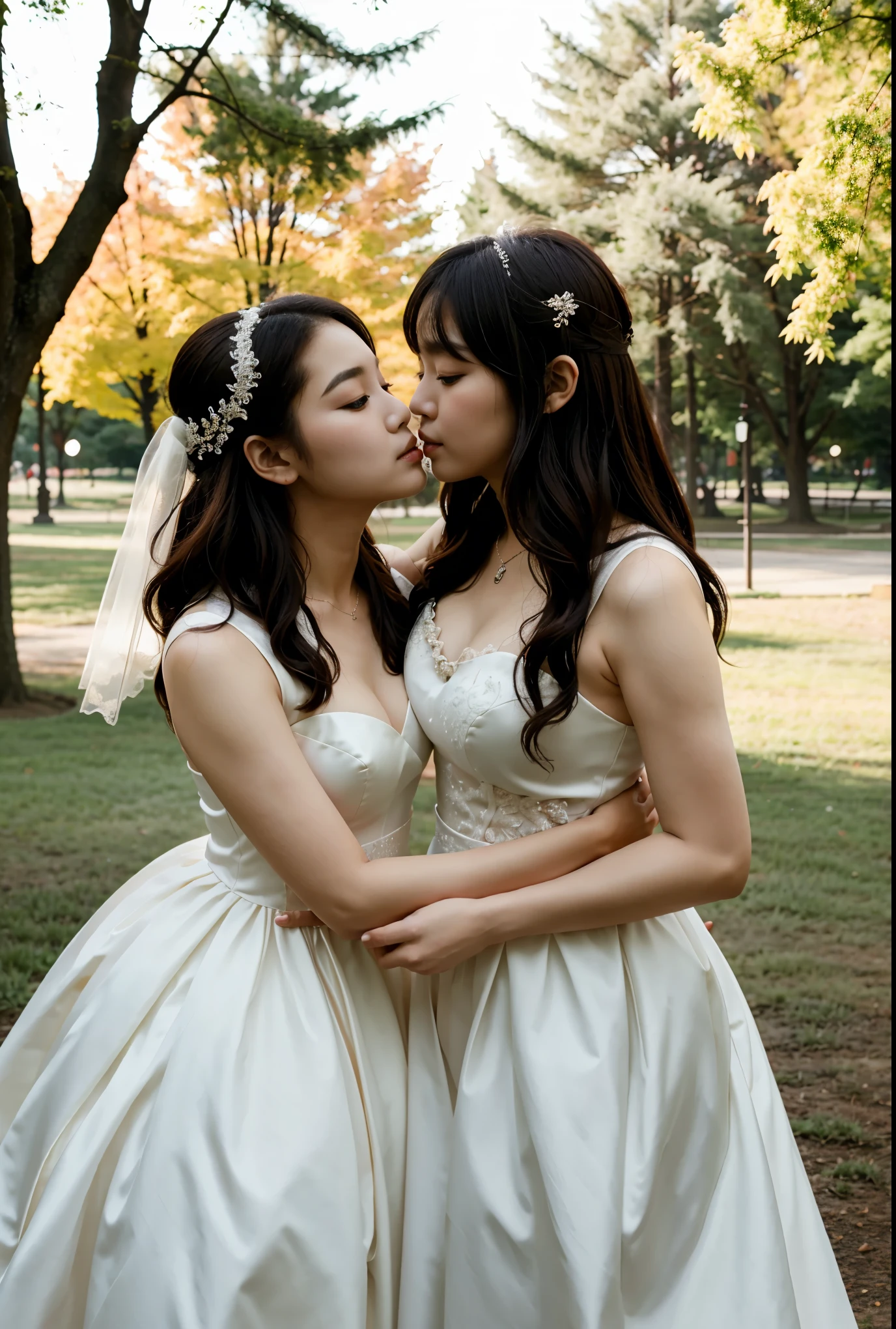 Korean beautiful girl wedding with werewolf, girl wearing wedding dress, girl kissing werewolf. Background in the park.