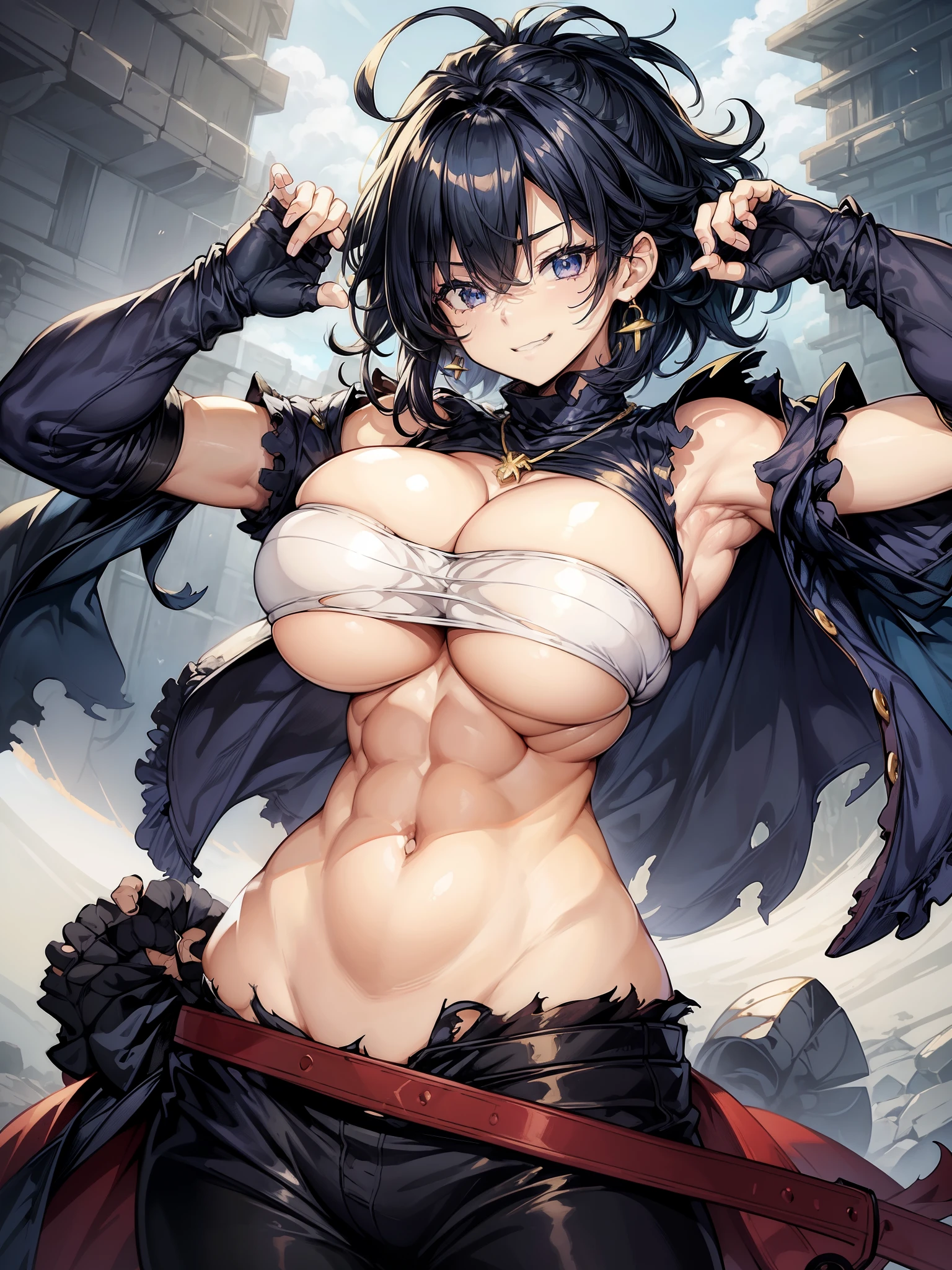 (score_9)、(score_8_up)、Rating:Blatant、、source_anime、(Round Breasts:1.5)、Nipples are hidden、(Pussyがのぞいている、Pussy:1)、(Large Breasts:1.8)、(Narrow waist、Thin Hips:1.2)、(No underwear:1.3)、BlueMary、short hair、blue eyes、pants、Crop top、turtleneck、belt、necklace、Fingerless gloves、Sideboob、Torn clothes、Grin、Big Mouth、