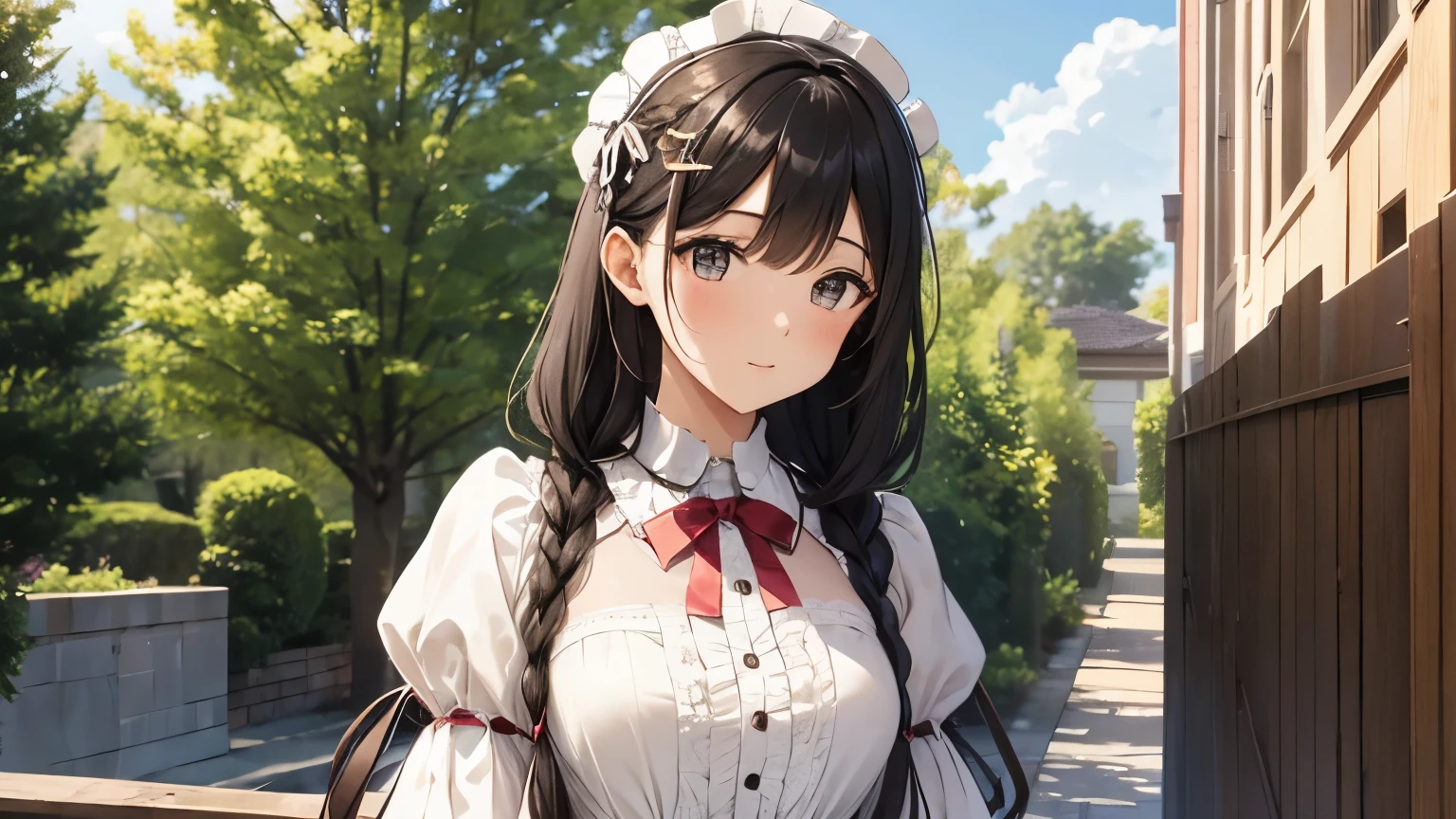 A beautiful woman wearing a brown and white sweet lolita dress with lots of frills and lace　Black hair braid with hair ornament　Upper Body