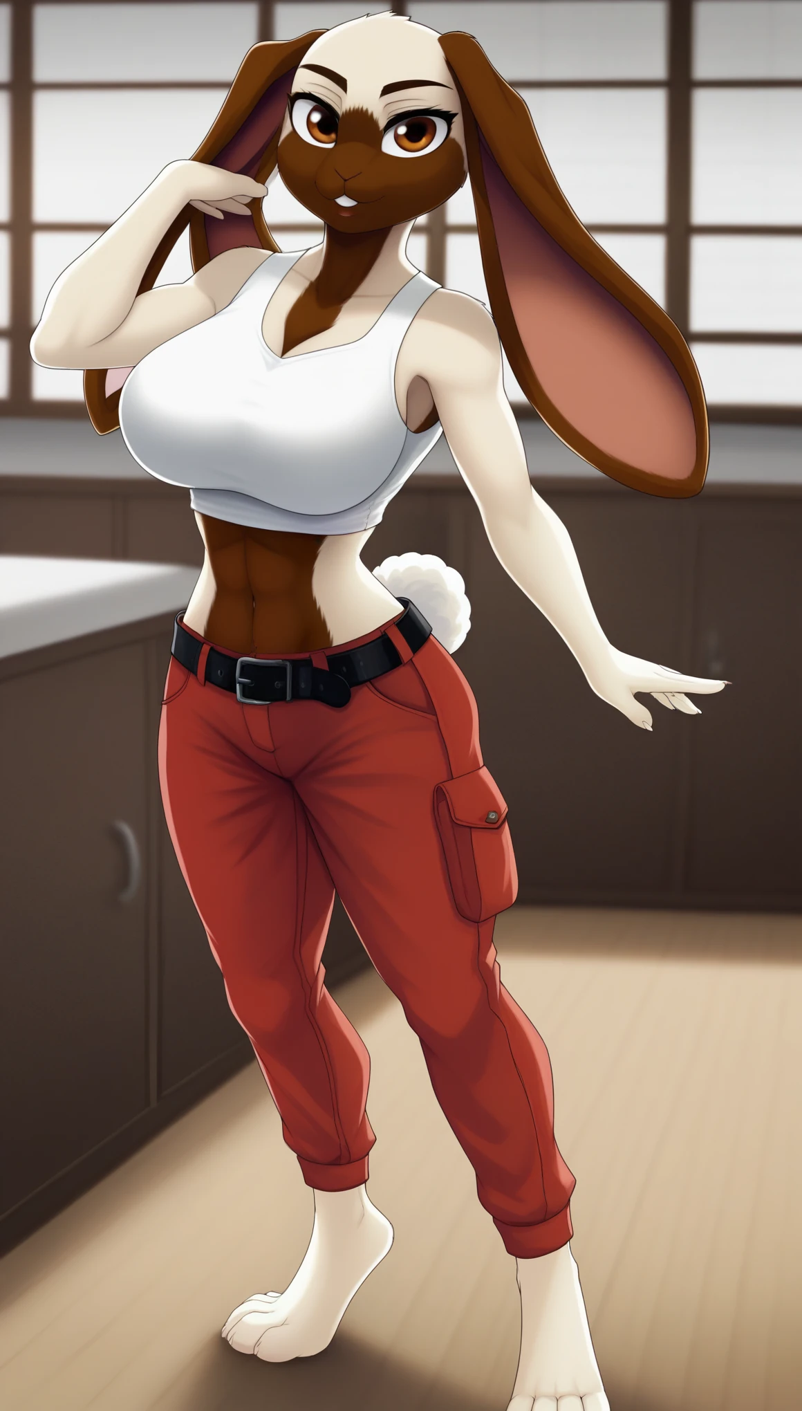 KyuuBSXL, anthro furry, furry female, white fur, two-tone fur, brown eyes, animal ears, rabbit ears, rabbit tail, snout, large breasts, white midriff, black belt, red pants, barefoot, (solo), standing, looking at viewer, indoors