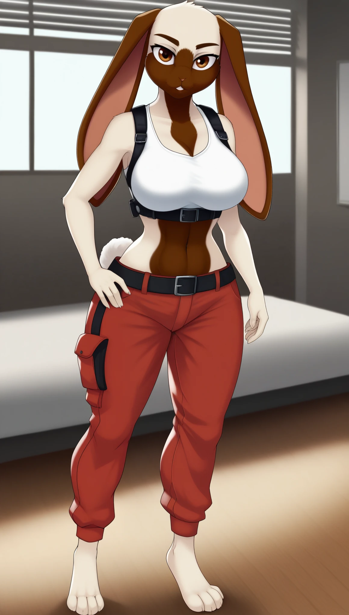 KyuuBSXL, anthro furry, furry female, white fur, two-tone fur, brown eyes, animal ears, rabbit ears, rabbit tail, snout, large breasts, white midriff, black belt, red pants, barefoot, (solo), standing, looking at viewer, indoors