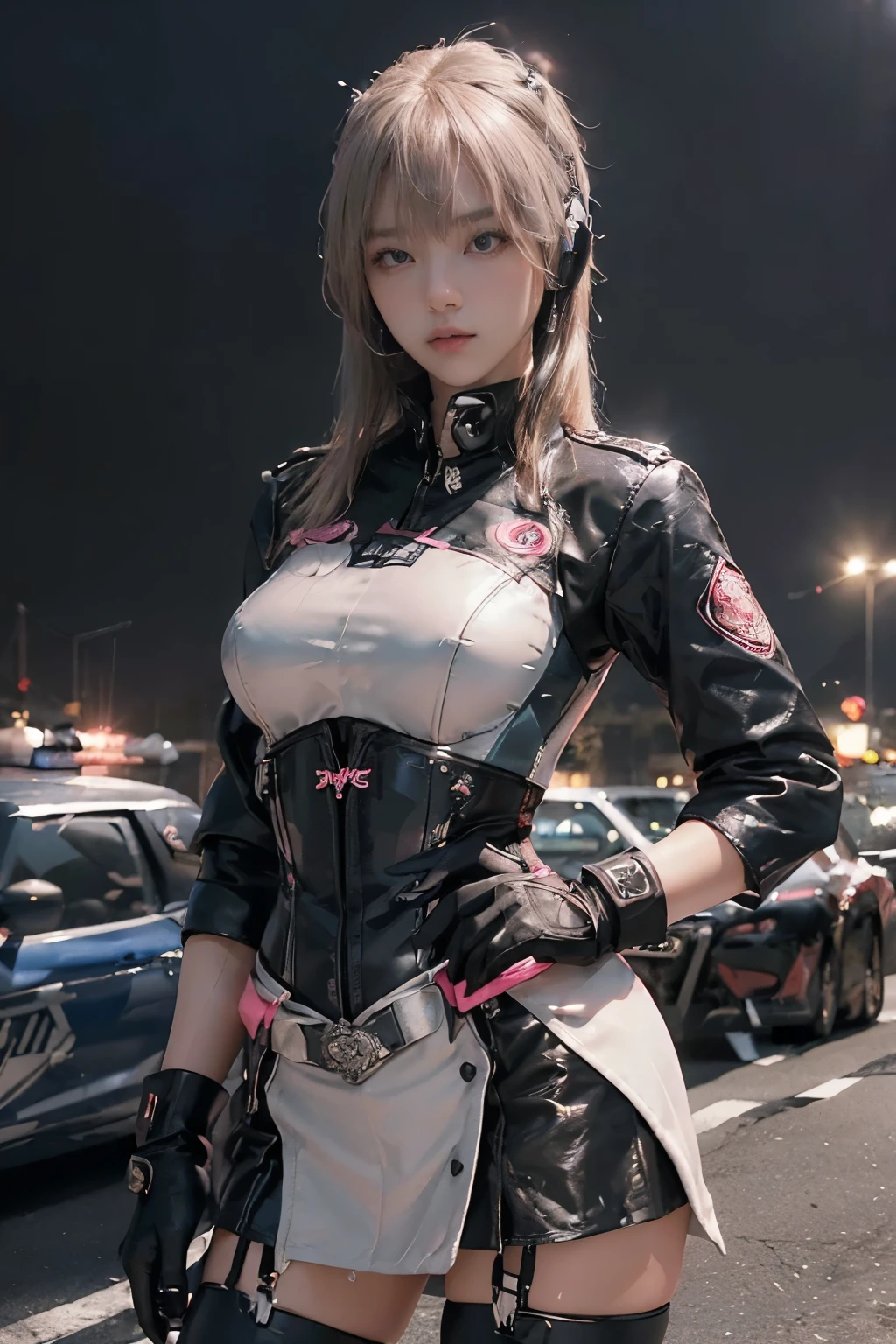 Lisa black pink, (Top Quality, Ultra High Definition, Photorealistic: 1.4), (cowboy shot:1), 1 Beautiful Girl, Detailed Face, (Hair Style gradation: blonde:0.6Silver:0.4, fullbang, shortbob-style:1), Combata pose, Contrapposto, Perfect Anatomy, Smooth Skin, Professional Lighting, (wear color red black silver),((wearing Futuristic Police Racing Suits, low-mini-skirt, police wappen, High-tech Headset, military gun-corset, racing gloves, machinegun)), (Cloths colors based on red silver pink black), (background, backstrage),