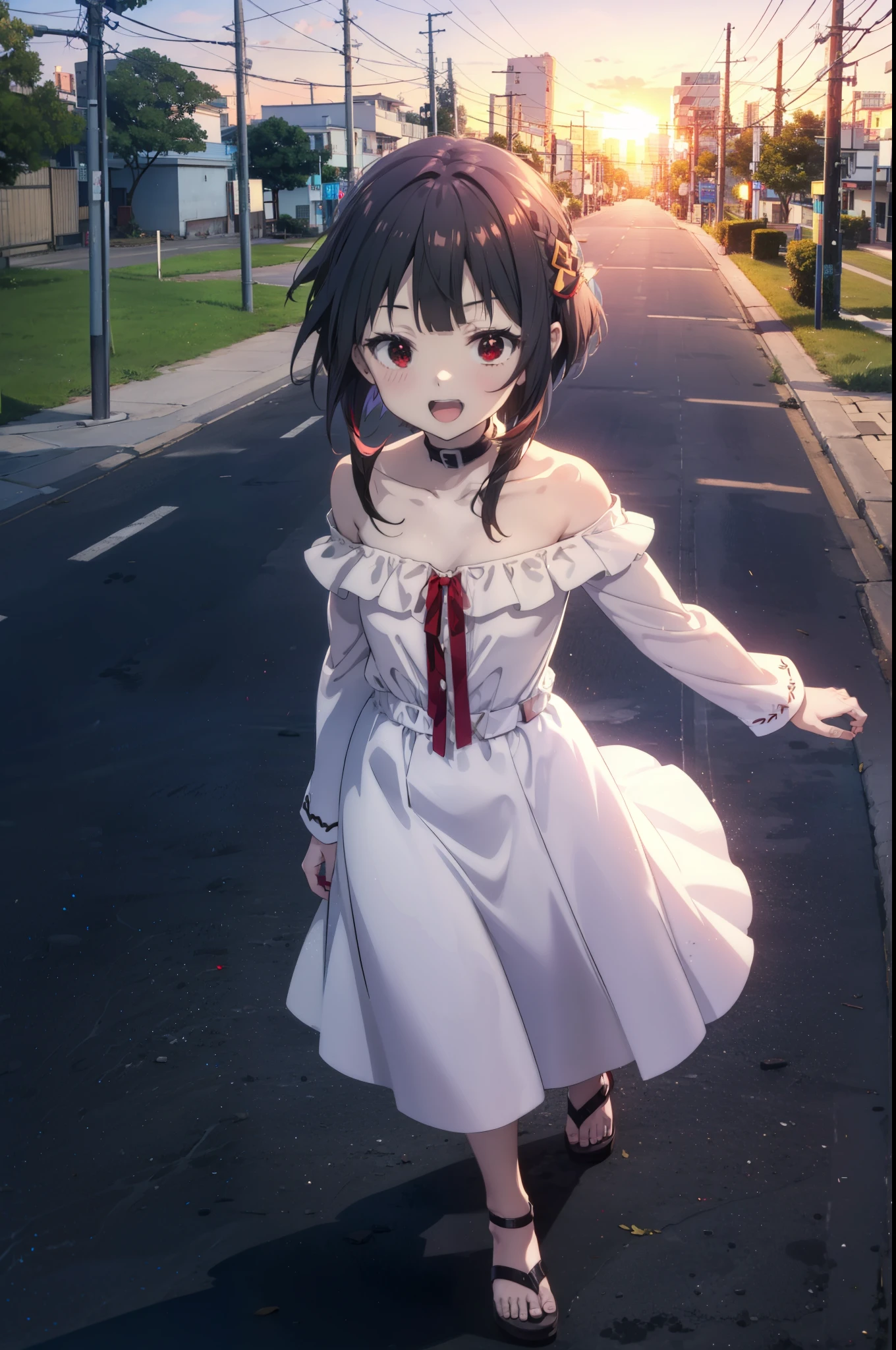 konosubaMegumin, Megumin, short hair, Black Hair, (Red eyes:1.3), short hair with long locks,happy smile, smile, Open your mouth,
Off-the-shoulder white dress,White long skirt,Cute Sandals,Bare arms,bare clavicle,Bare shoulders,Bare neck,Walking,whole bodyがイラストに入るように,evening,Sunset,The sun is setting,
break outdoor, Coastal street with buildings,
break looking at viewer, whole body,
break (masterpiece:1.2), highest quality, High resolution, unity 8k wallpaper, (figure:0.8), (Beautiful fine details:1.6), Highly detailed face, Perfect lighting, Highly detailed CG, (Perfect hands, Perfect Anatomy),